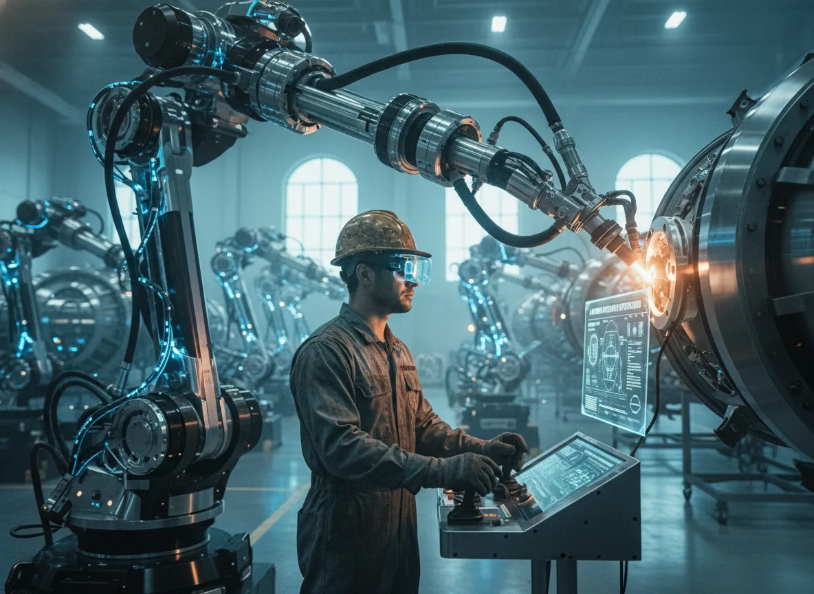 Homem com capacete e óculos de proteção opera robô em ambiente industrial | Imagine Company - Agência de Marketing e Vendas em Goiânia - GO - BRASIL