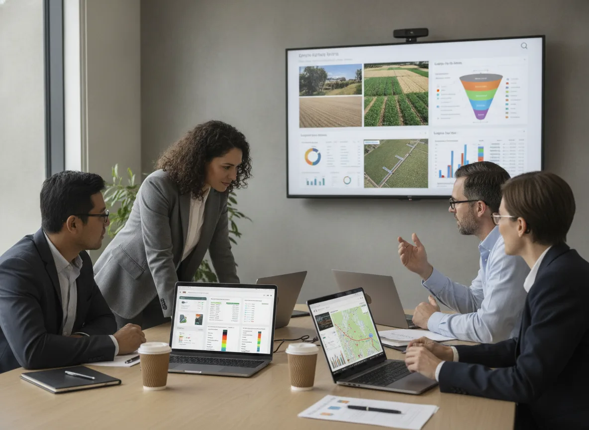Reunião sobre IA no agronegócio com gráficos e laptops | Imagine Company - Agência de Marketing e Vendas em Goiânia - GO - BRASIL