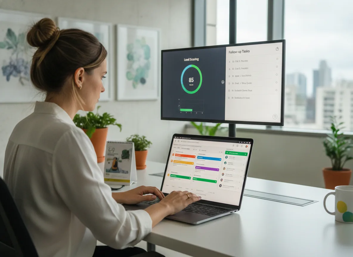 Mulher usando laptop com gráficos de IA em escritório moderno | Imagine Company - Agência de Marketing e Vendas em Goiânia - GO - BRASIL