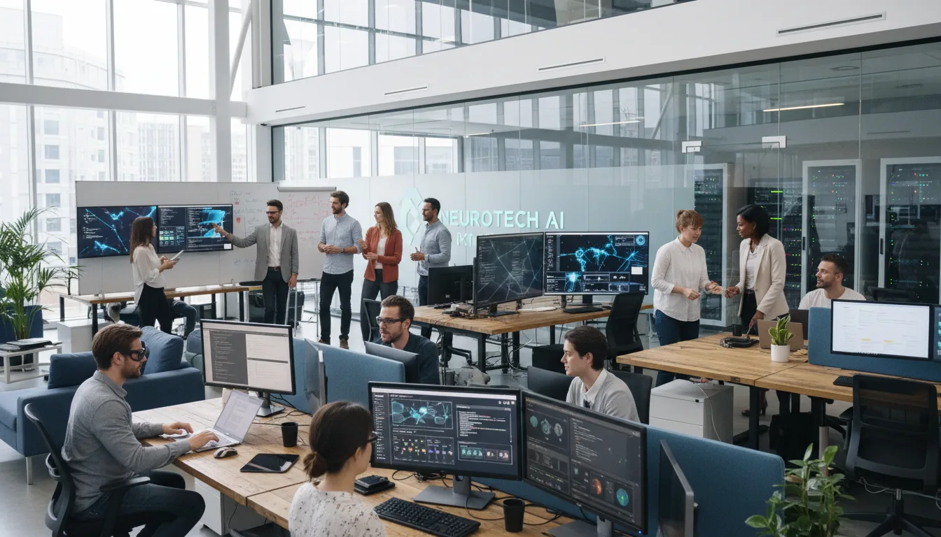 Profissionais em escritório moderno usando tecnologia de IA para produtividade | Imagine Company - Agência de Marketing e Vendas em Goiânia - GO - BRASIL