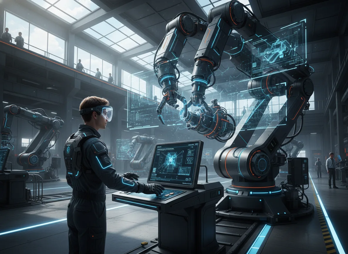 Engenheiro operando robô com IA em fábrica moderna | Imagine Company - Agência de Marketing e Vendas em Goiânia - GO - BRASIL