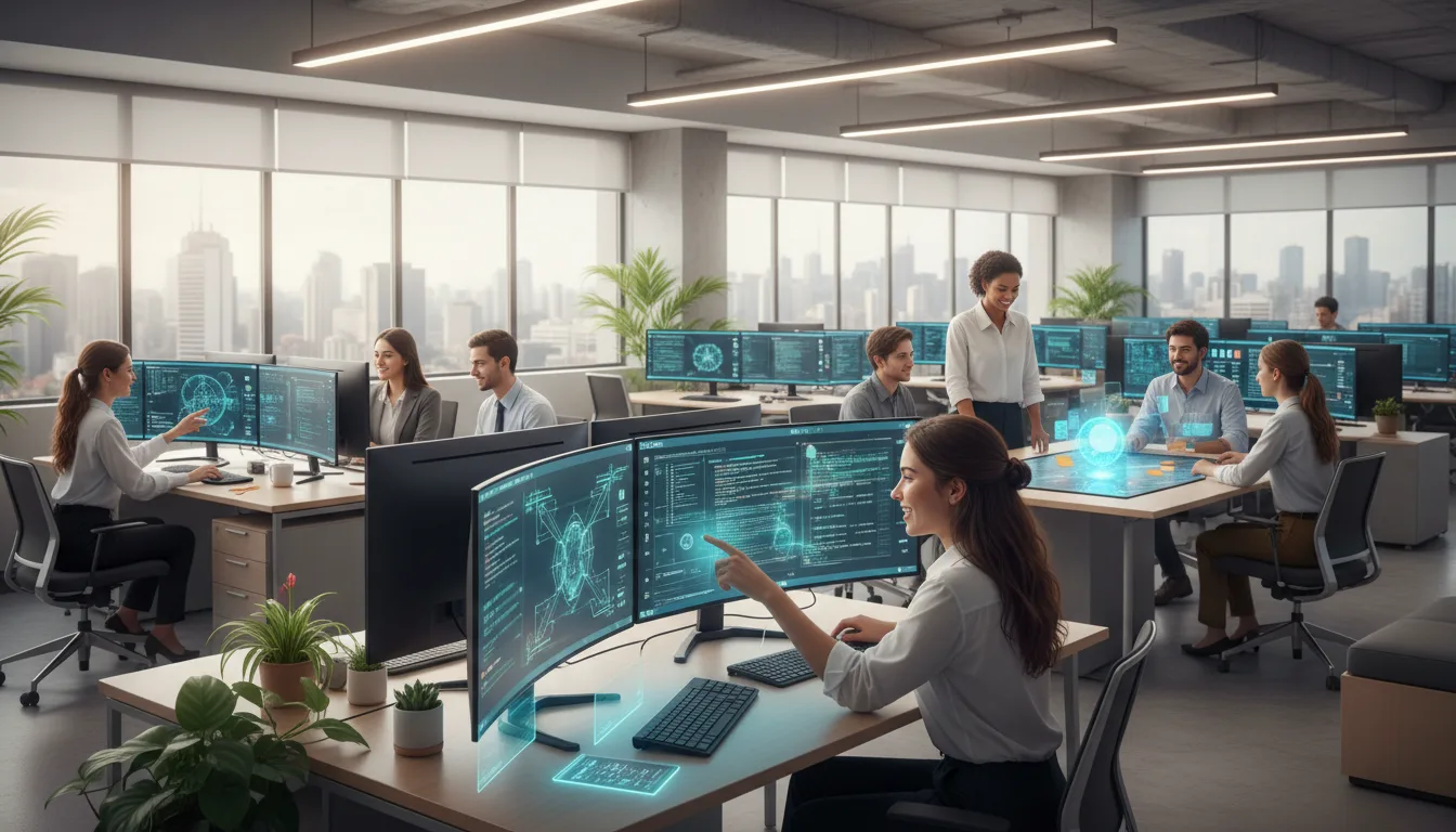 Jovens profissionais em escritório moderno usando tecnologia de IA | Imagine Company - Agência de Marketing e Vendas em Goiânia - GO - BRASIL