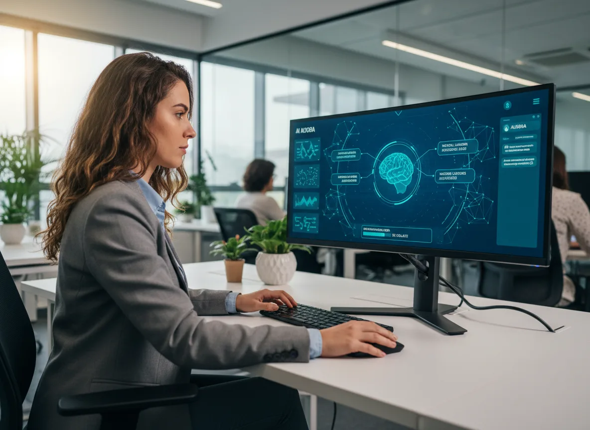 Mulher em escritório usando computador com gráficos de IA, simbolizando impacto no emprego | Imagine Company - Agência de Marketing e Vendas em Goiânia - GO - BRASIL