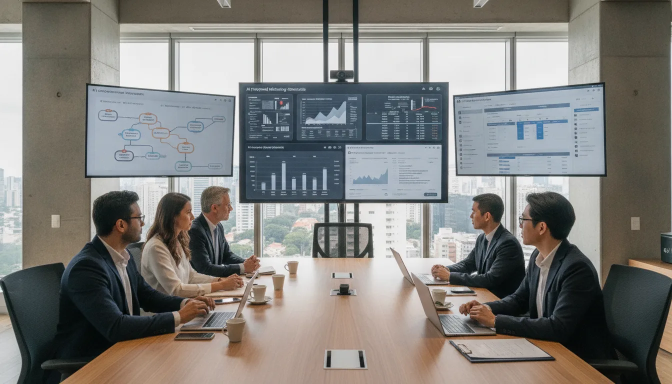 Reunião de executivos analisando gráficos e dados em telas sobre IA na publicidade | Imagine Company - Agência de Marketing e Vendas em Goiânia - GO - BRASIL
