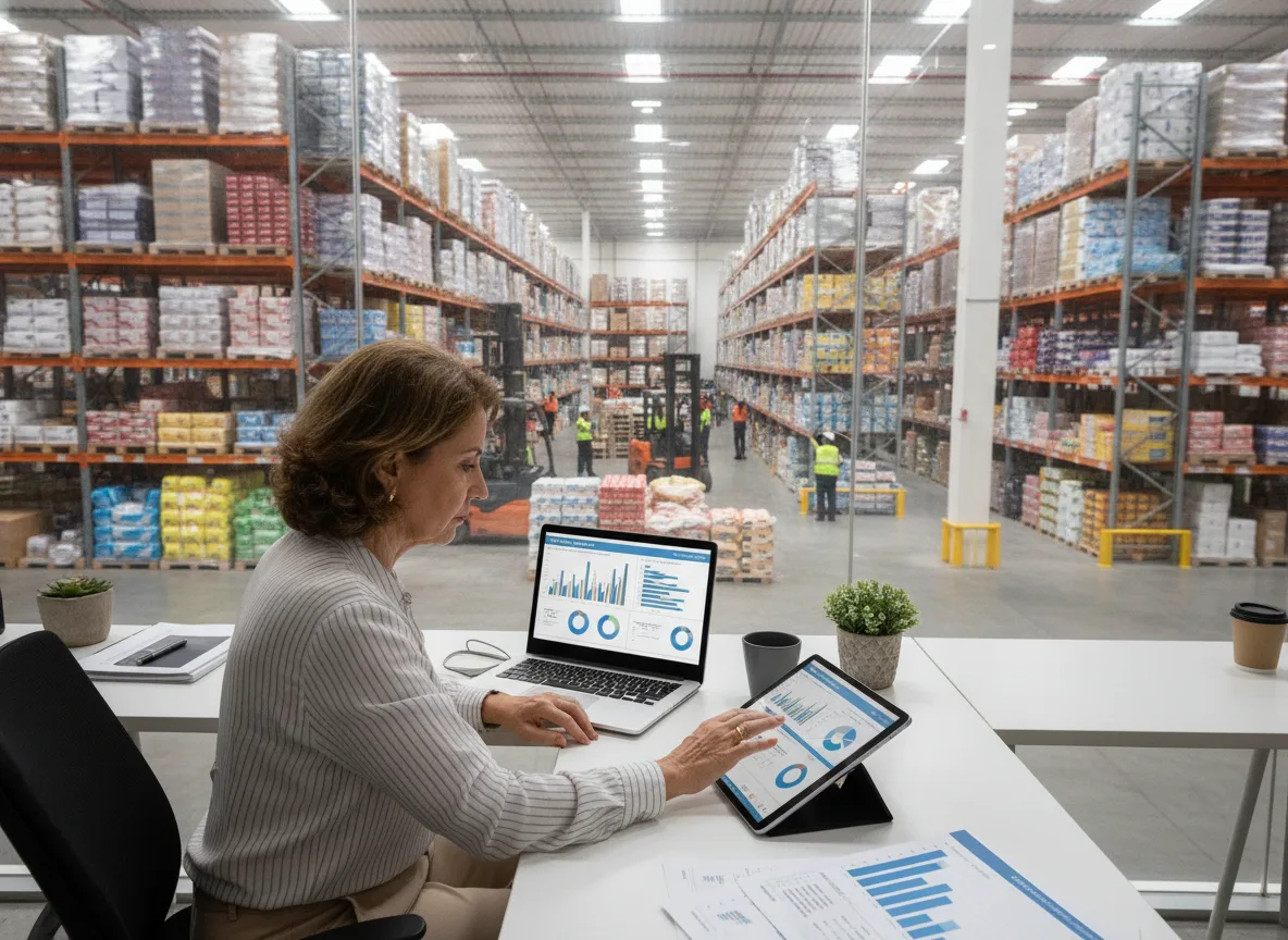 Mulher usando tablet e laptop em escritório com armazém ao fundo | Imagine Company - Agência de Marketing e Vendas em Goiânia - GO - BRASIL