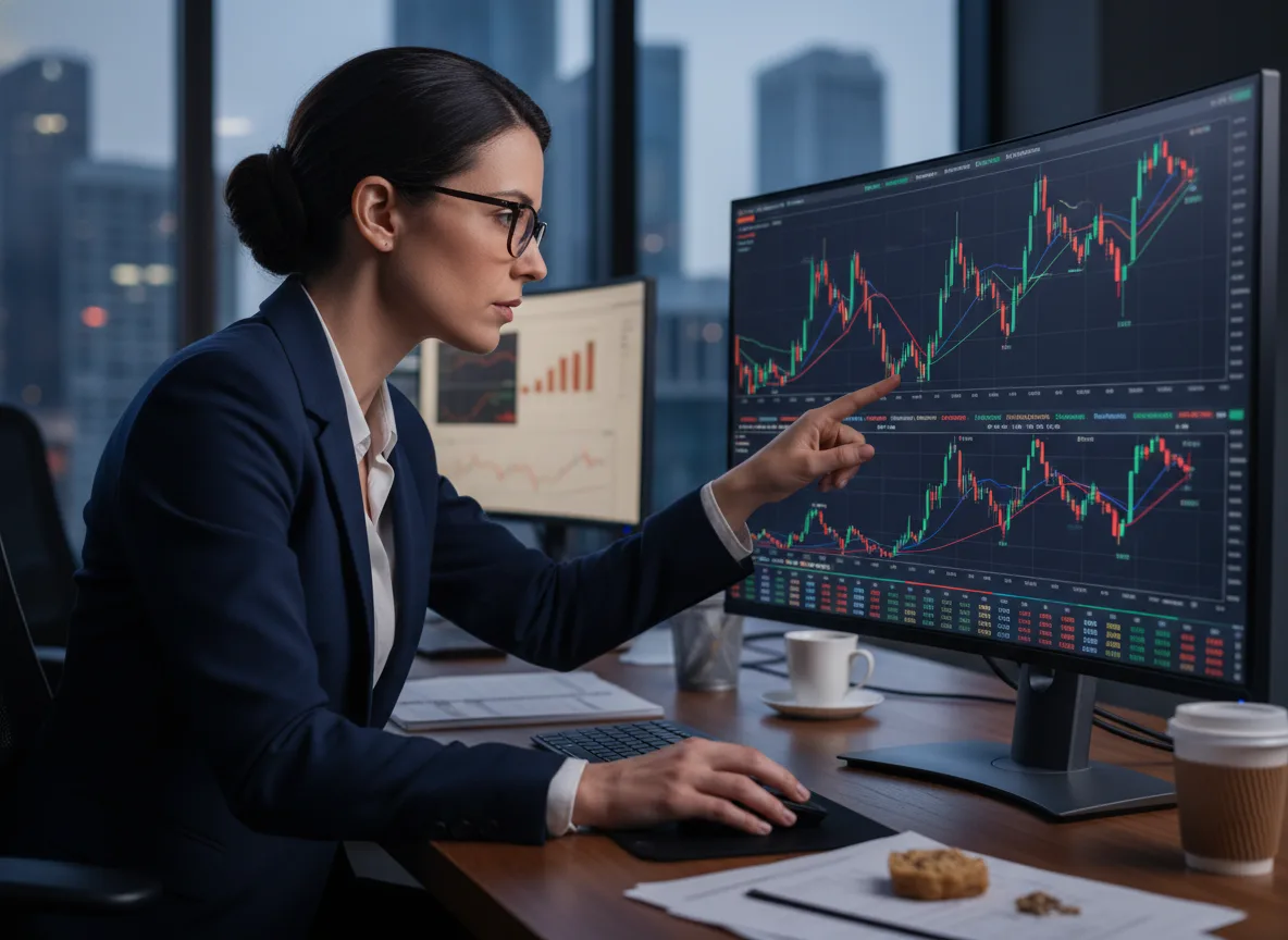 Mulher analista de mercado visualizando gráficos do Ibovespa em monitores | Imagine Company - Agência de Marketing e Vendas em Goiânia - GO - BRASIL