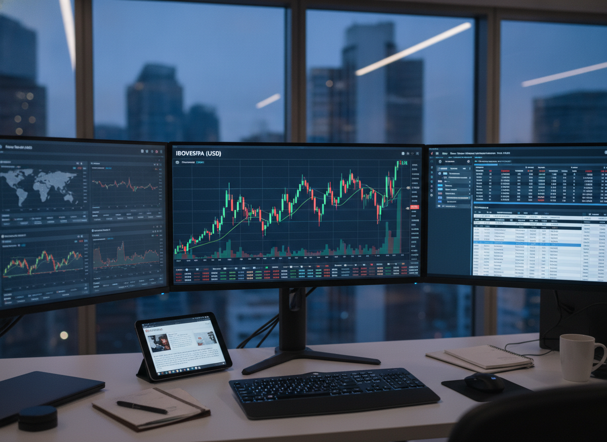 Três monitores exibindo gráficos financeiros e dados do Ibovespa em um escritório moderno. | Imagine Company - Agência de Marketing e Vendas em Goiânia - GO - BRASIL