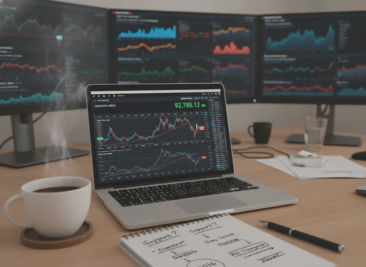 Computador com gráficos de ações e Ibovespa em tela, café ao lado. | Imagine Company - Agência de Marketing e Vendas em Goiânia - GO - BRASIL