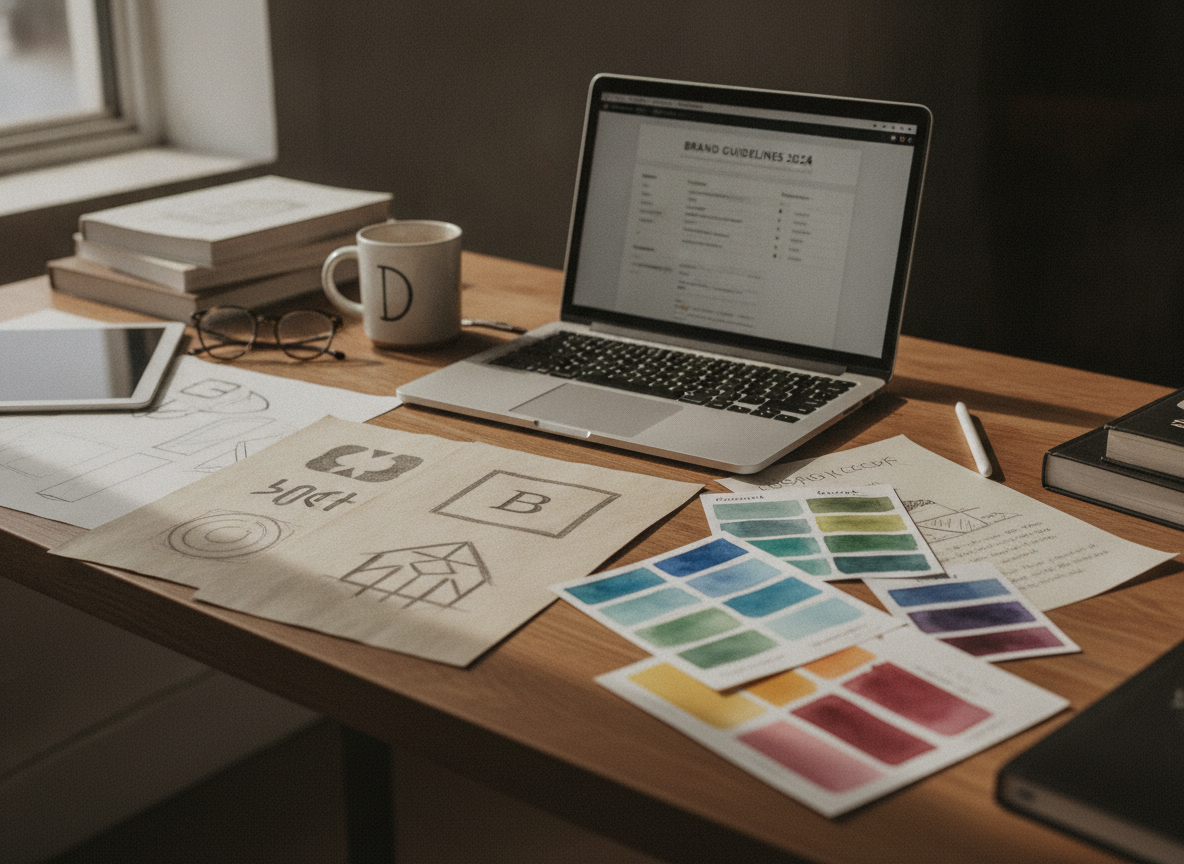 Mesa com laptop, papéis de design e paleta de cores para identidade visual | Imagine Company - Agência de Marketing e Vendas em Goiânia - GO - BRASIL