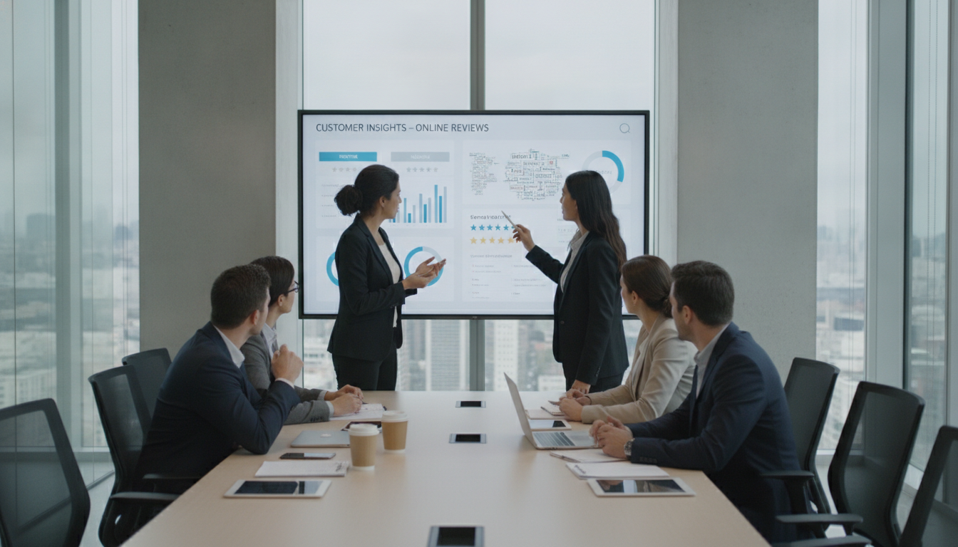 Equipe de negócios analisa gráficos de avaliações online em sala de reunião | Imagine Company - Agência de Marketing e Vendas em Goiânia - GO - BRASIL