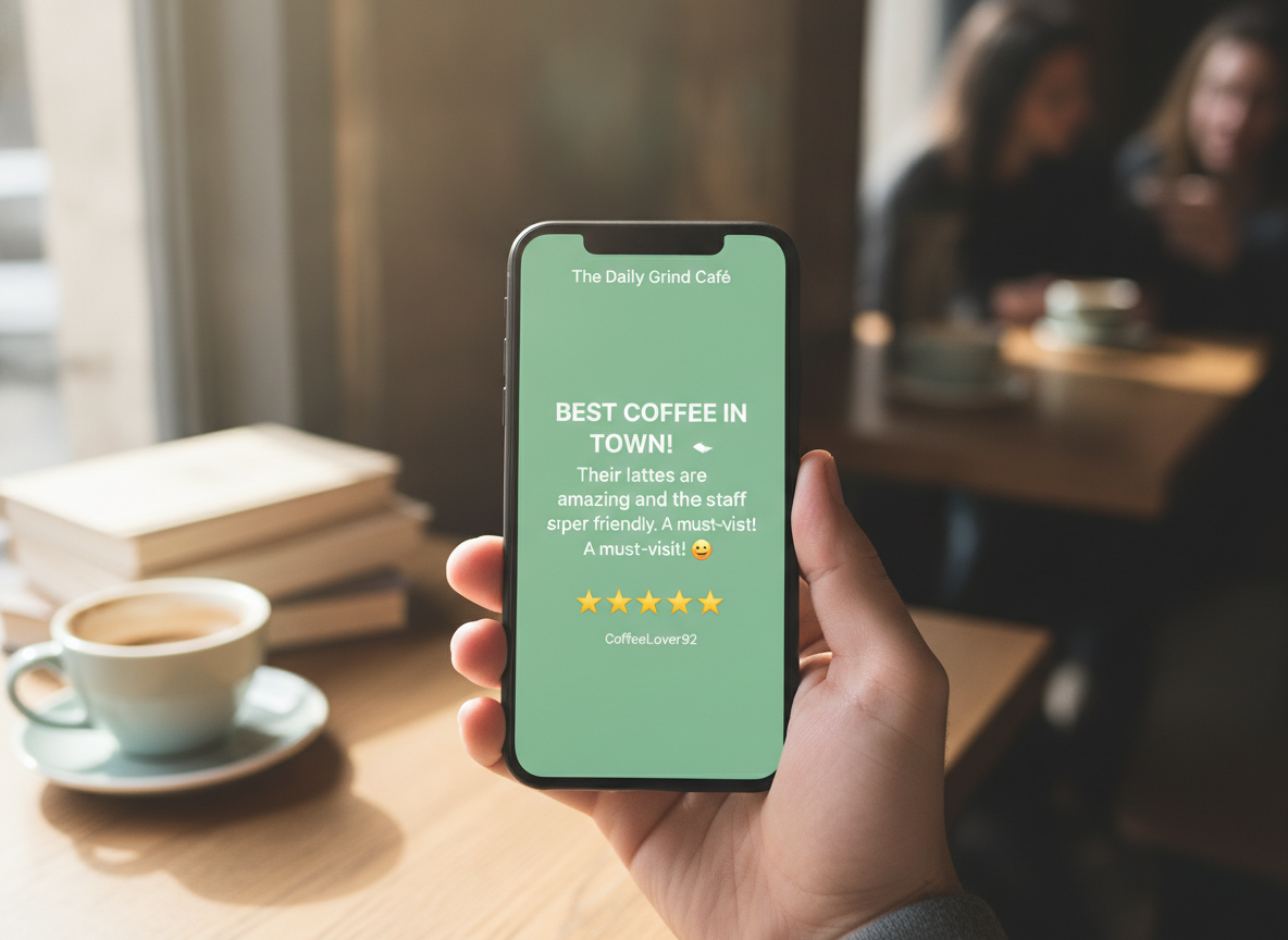 Pessoa com celular mostrando avaliação de café em ambiente de cafeteria. | Imagine Company - Agência de Marketing e Vendas em Goiânia - GO - BRASIL
