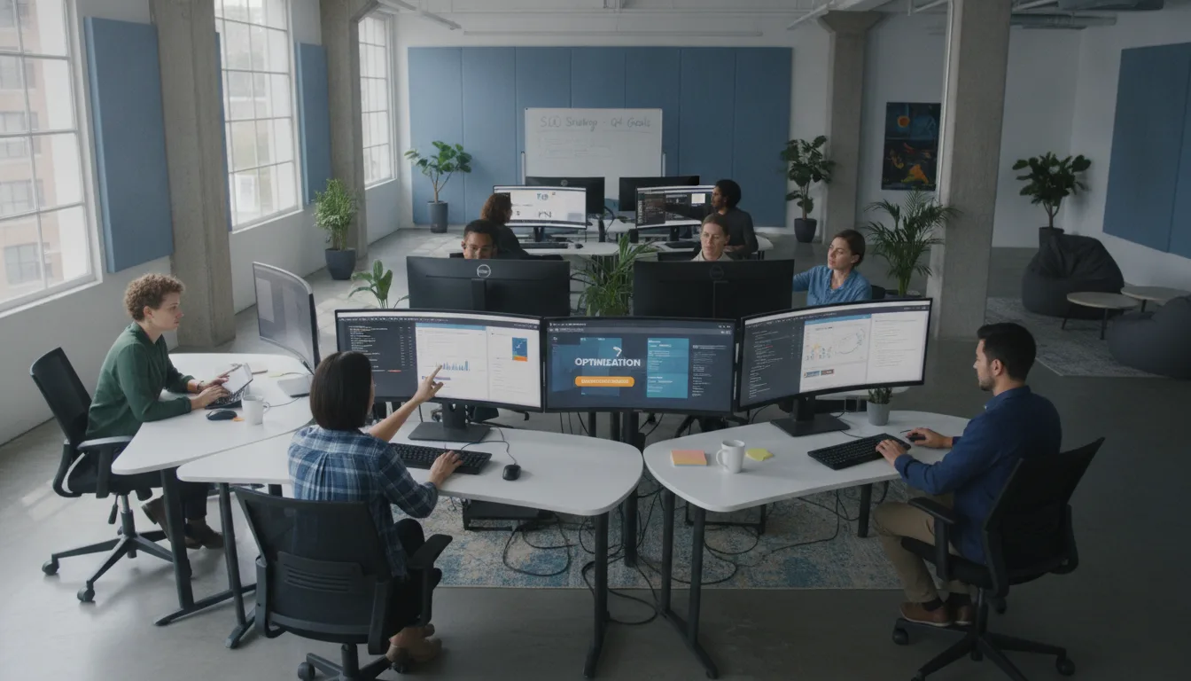 Profissionais trabalhando em SEO técnico em um escritório moderno. | Imagine Company - Agência de Marketing e Vendas em Goiânia - GO - BRASIL