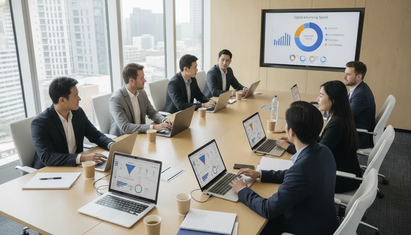 Pessoas em reunião com gráficos de marketing digital na tela | Imagine Company - Agência de Marketing e Vendas em Goiânia - GO - BRASIL