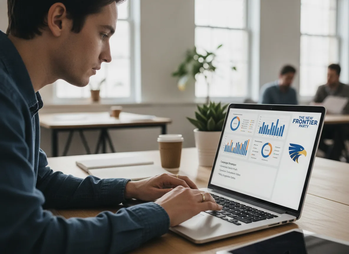 Homem trabalhando em laptop com gráficos de dados eleitorais em escritório | Imagine Company - Agência de Marketing e Vendas em Goiânia - GO - BRASIL