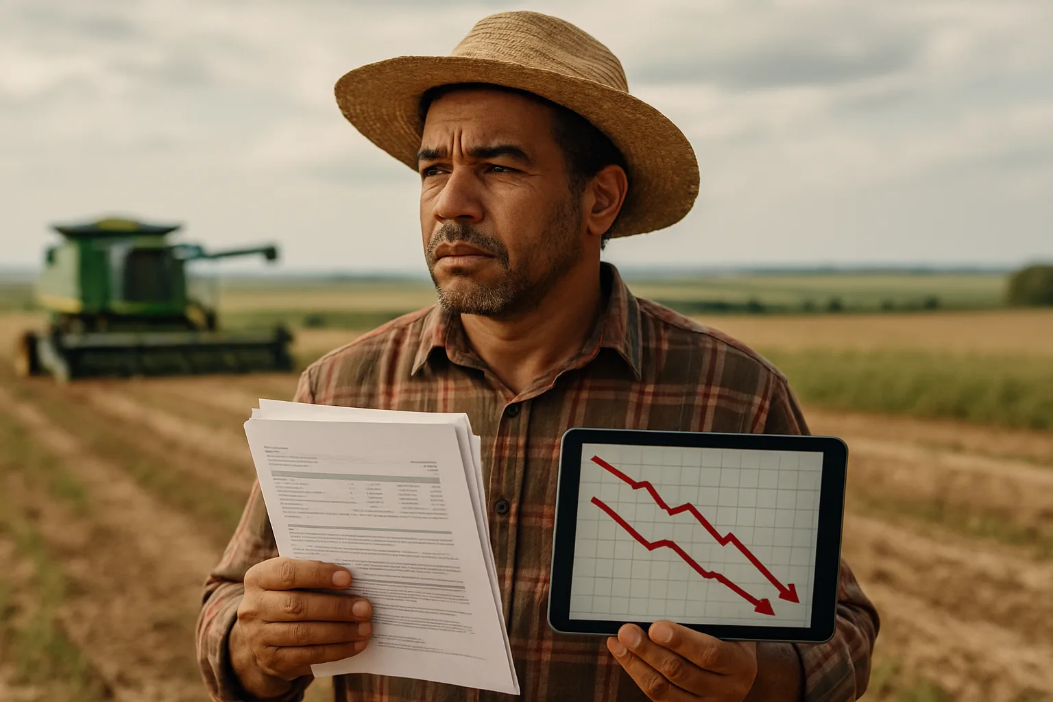 Agricultor em campo com tablet mostrando gráfico de queda | Imagine Company - Agência de Marketing e Vendas em Goiânia - GO - BRASIL