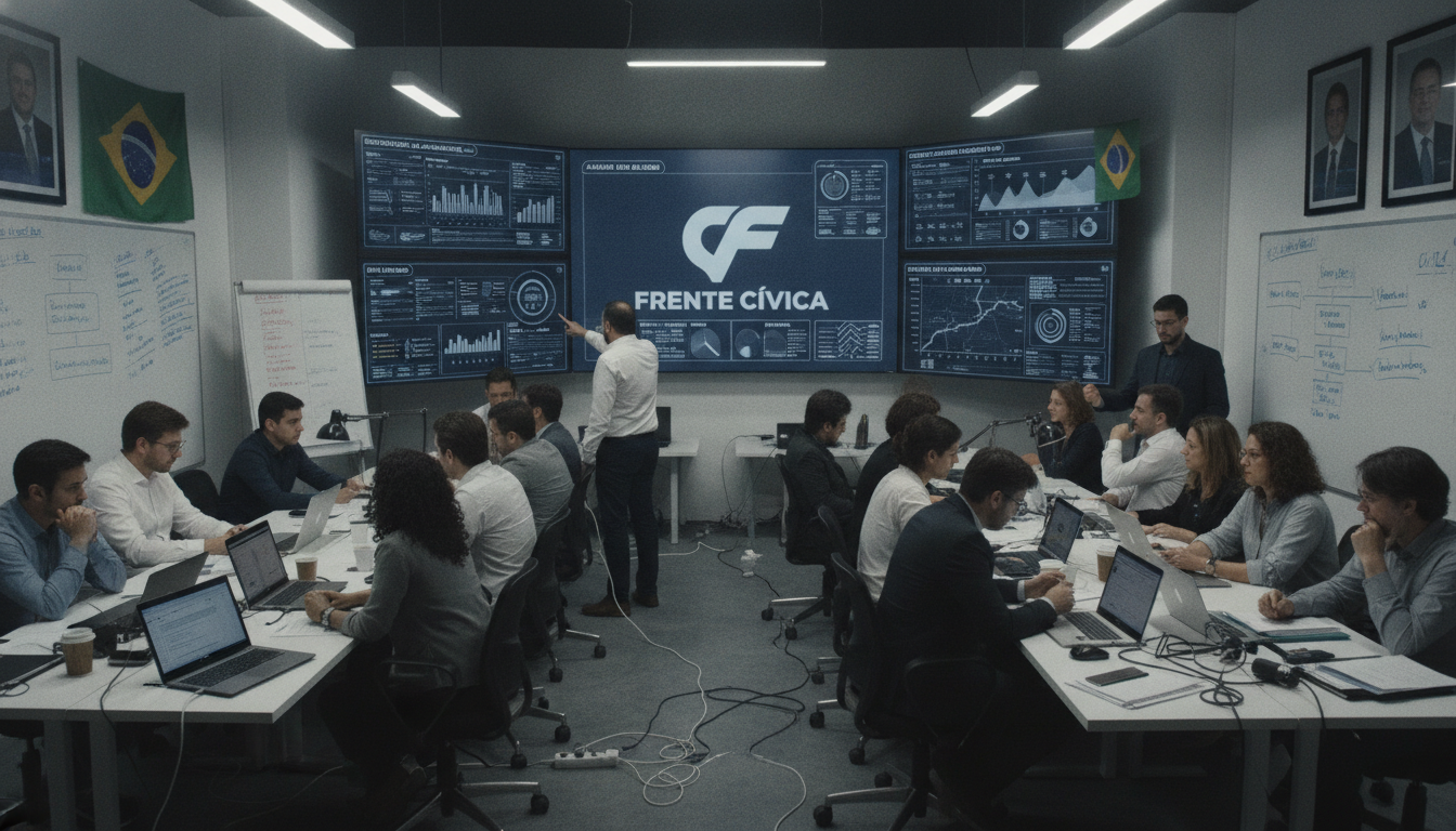 Equipe em sala de estratégia política analisando dados para campanhas de Lula e Flávio | Imagine Company - Agência de Marketing e Vendas em Goiânia - GO - BRASIL
