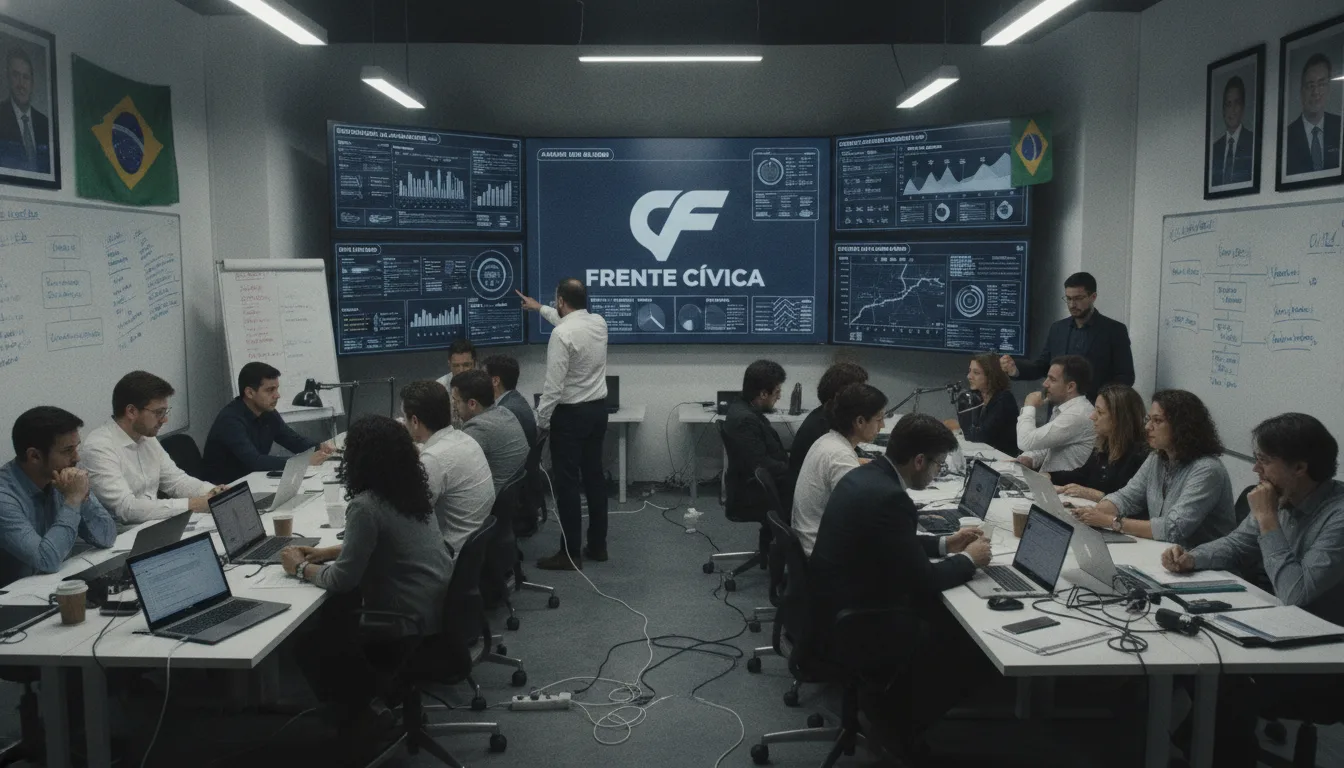 Equipe em sala de estratégia política analisando dados para campanhas de Lula e Flávio | Imagine Company - Agência de Marketing e Vendas em Goiânia - GO - BRASIL
