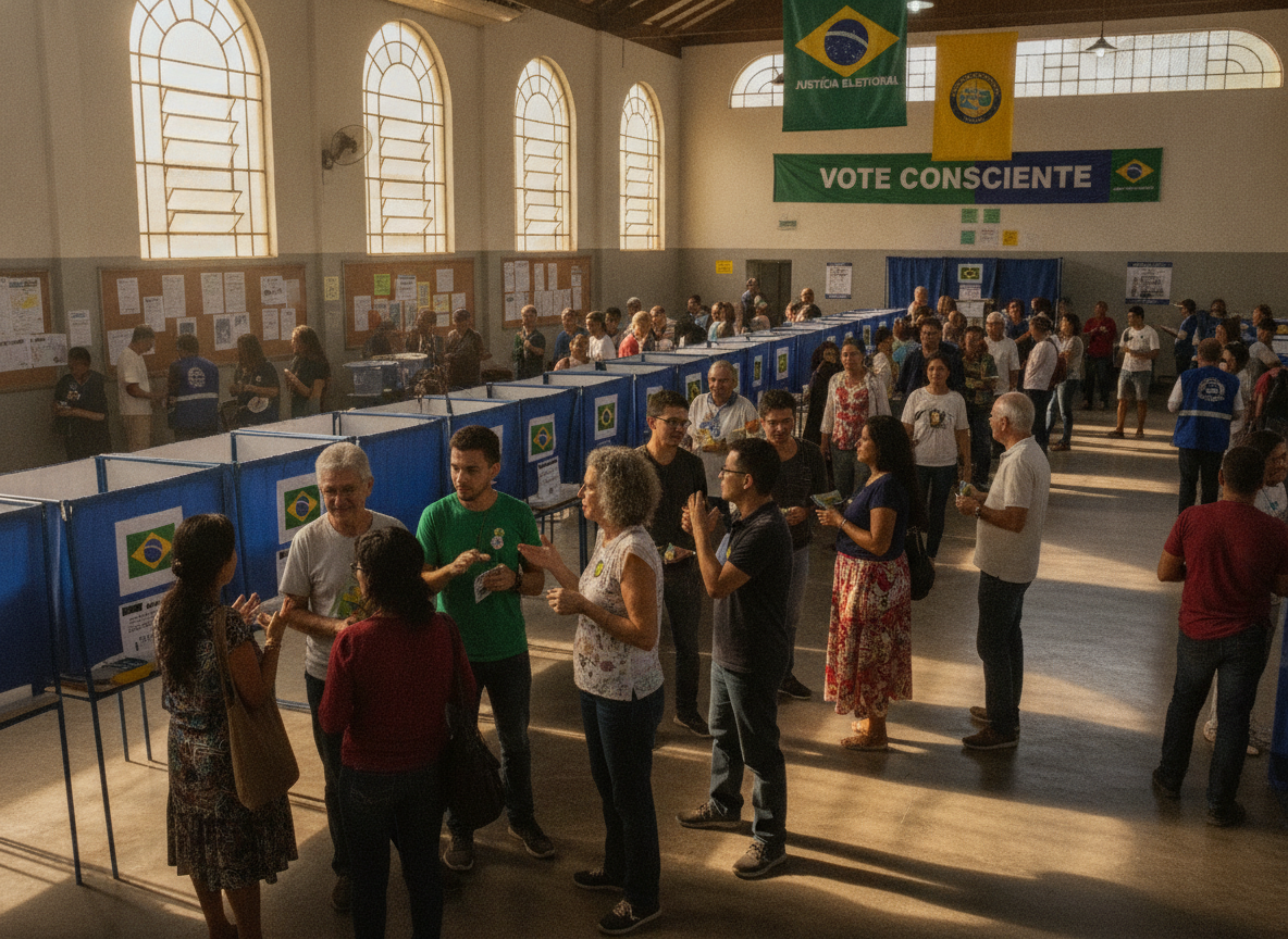 Pessoas em fila de votação em seção eleitoral com bandeiras do Brasil | Imagine Company - Agência de Marketing e Vendas em Goiânia - GO - BRASIL