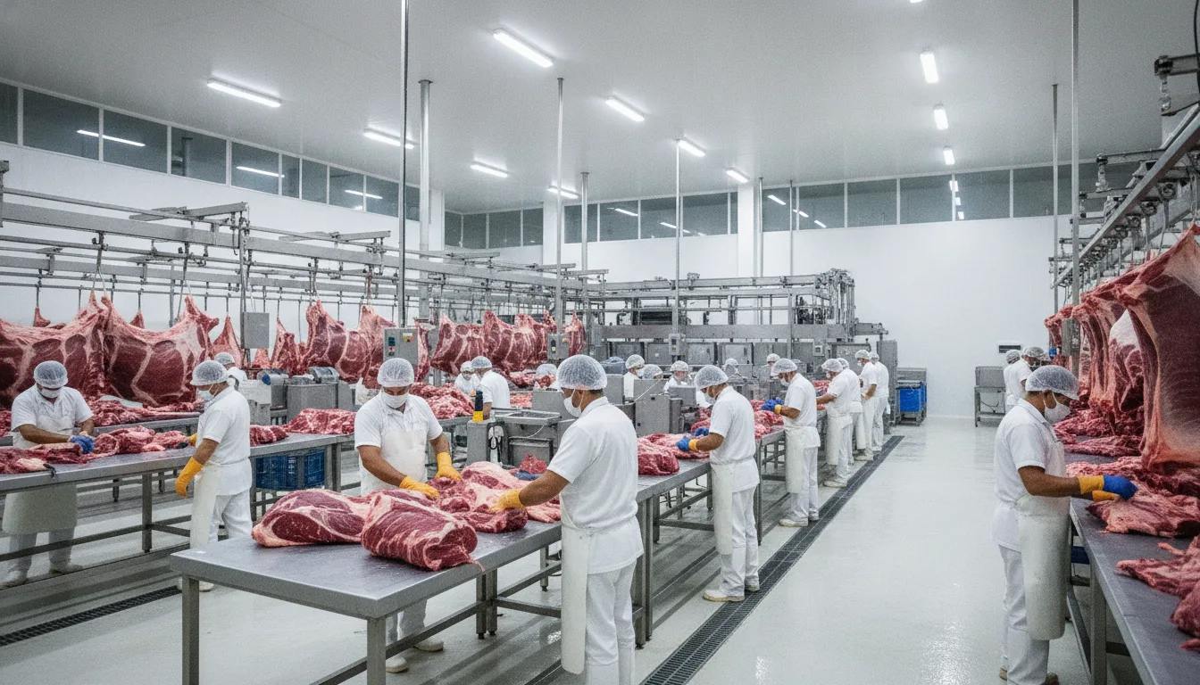Trabalhadores processando carne em planta de exportação brasileira. | Imagine Company - Agência de Marketing e Vendas em Goiânia - GO - BRASIL