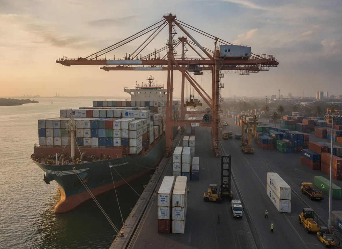 Navio com contêineres no porto ao amanhecer, exportação de carne | Imagine Company - Agência de Marketing e Vendas em Goiânia - GO - BRASIL