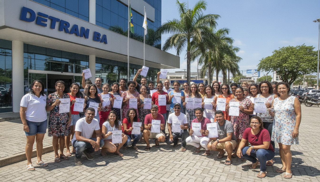 Pessoas segurando certificados em frente ao Detran BA para CNH Gratuita | Imagine Company - Agência de Marketing e Vendas em Goiânia - GO - BRASIL