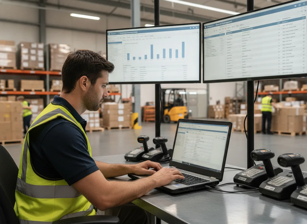 Homem em armazém usando laptop para integração CRM ERP, telas com gráficos ao fundo | Imagine Company - Agência de Marketing e Vendas em Goiânia - GO - BRASIL