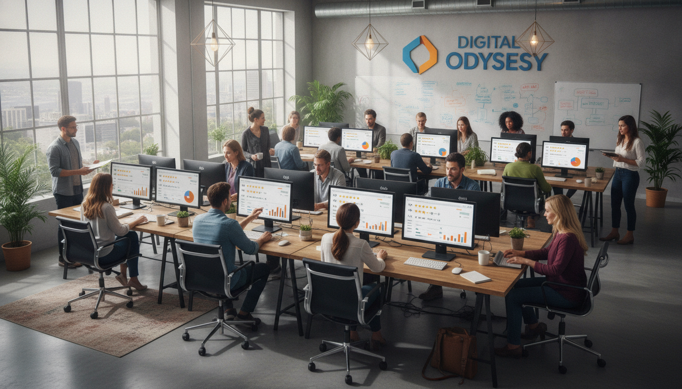 Pessoas em escritório colaborando em computadores com gráficos de marketing digital. | Imagine Company - Agência de Marketing e Vendas em Goiânia - GO - BRASIL