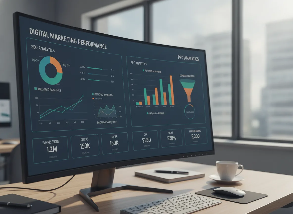 Monitor com gráficos de desempenho de SEO e PPC em um escritório moderno | Imagine Company - Agência de Marketing e Vendas em Goiânia - GO - BRASIL