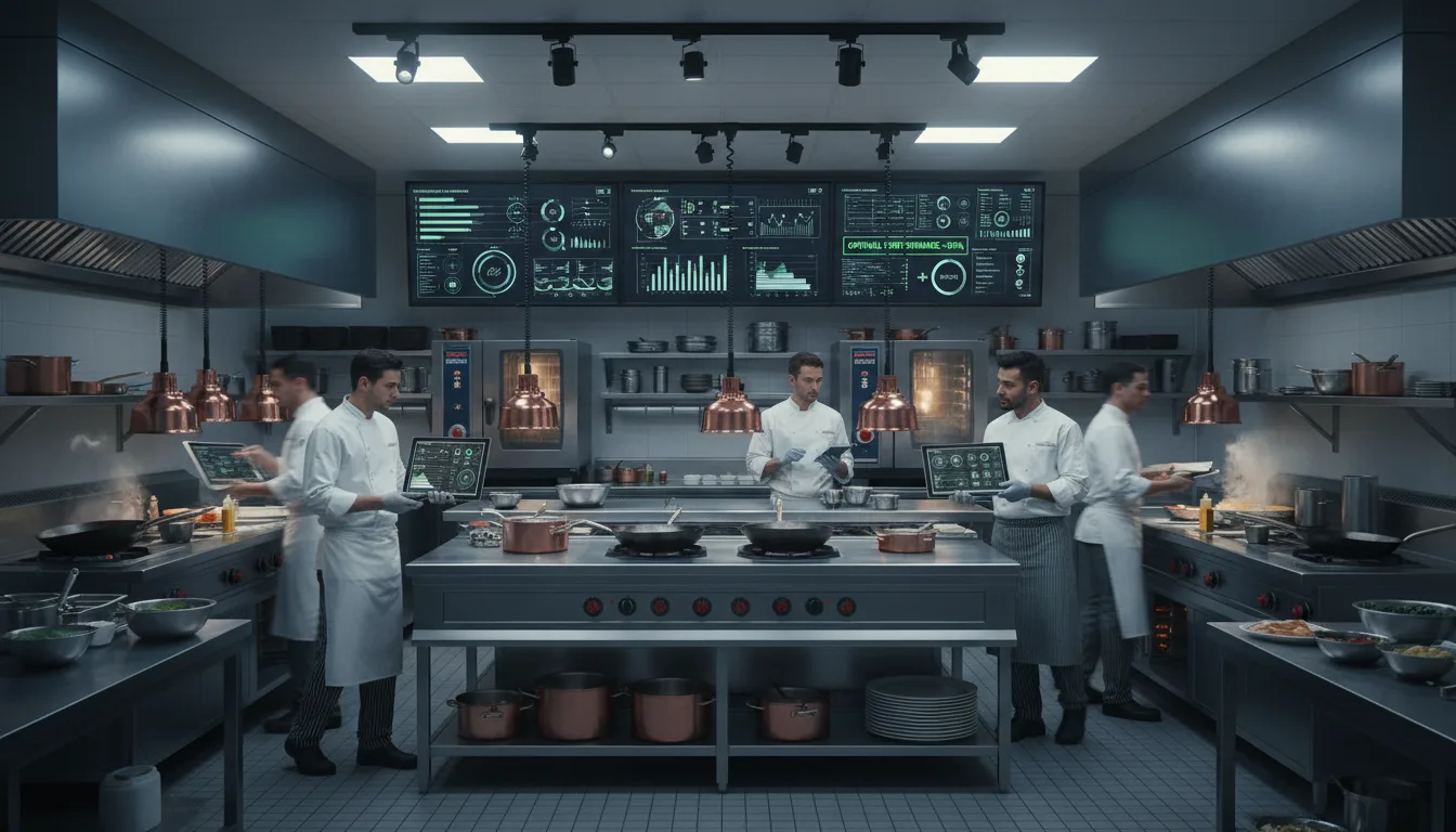 Chefs em cozinha moderna usando tecnologia de IA para otimizar estoque | Imagine Company - Agência de Marketing e Vendas em Goiânia - GO - BRASIL