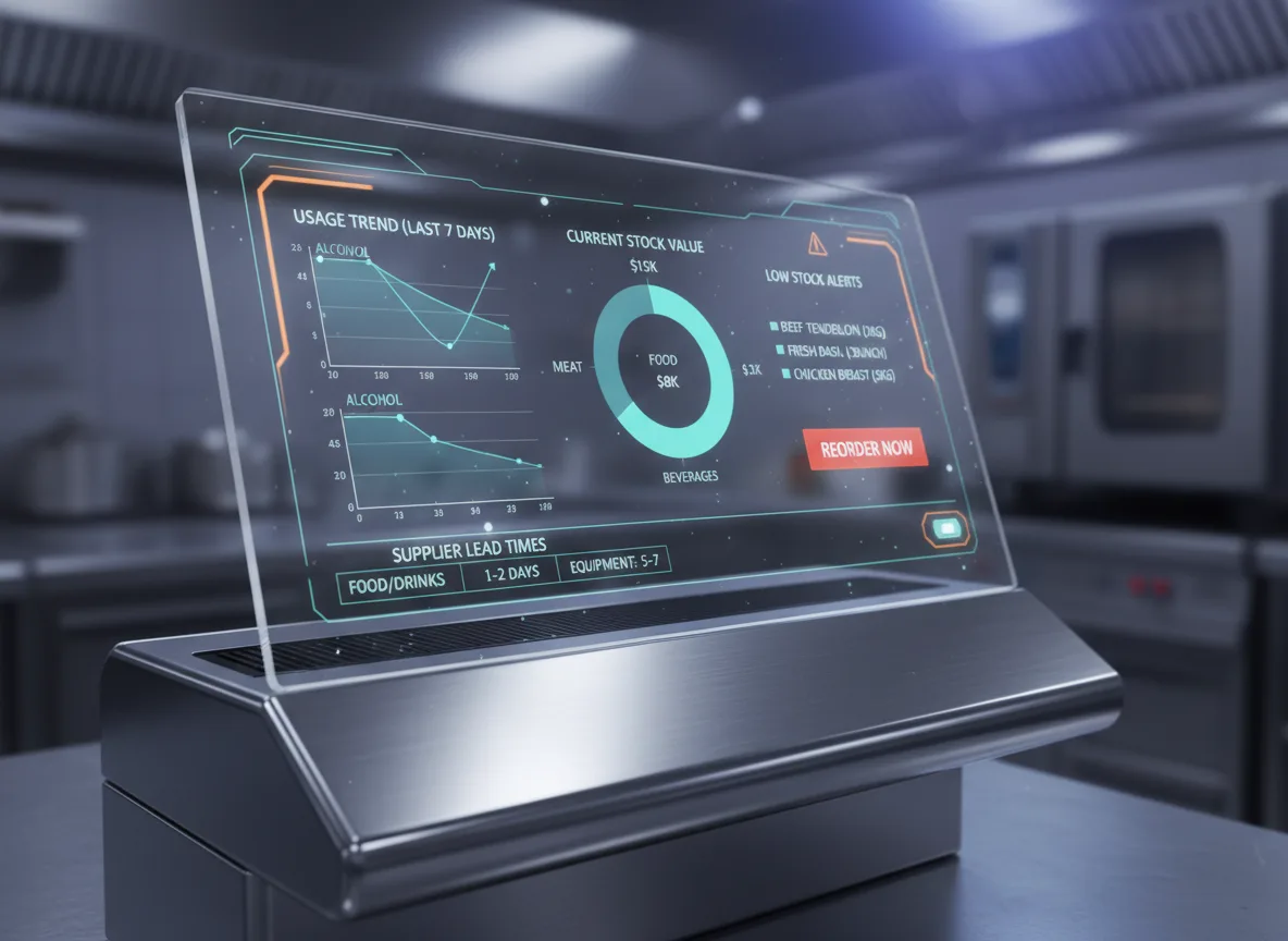 Interface de IA em cozinha de restaurante mostrando dados de estoque | Imagine Company - Agência de Marketing e Vendas em Goiânia - GO - BRASIL