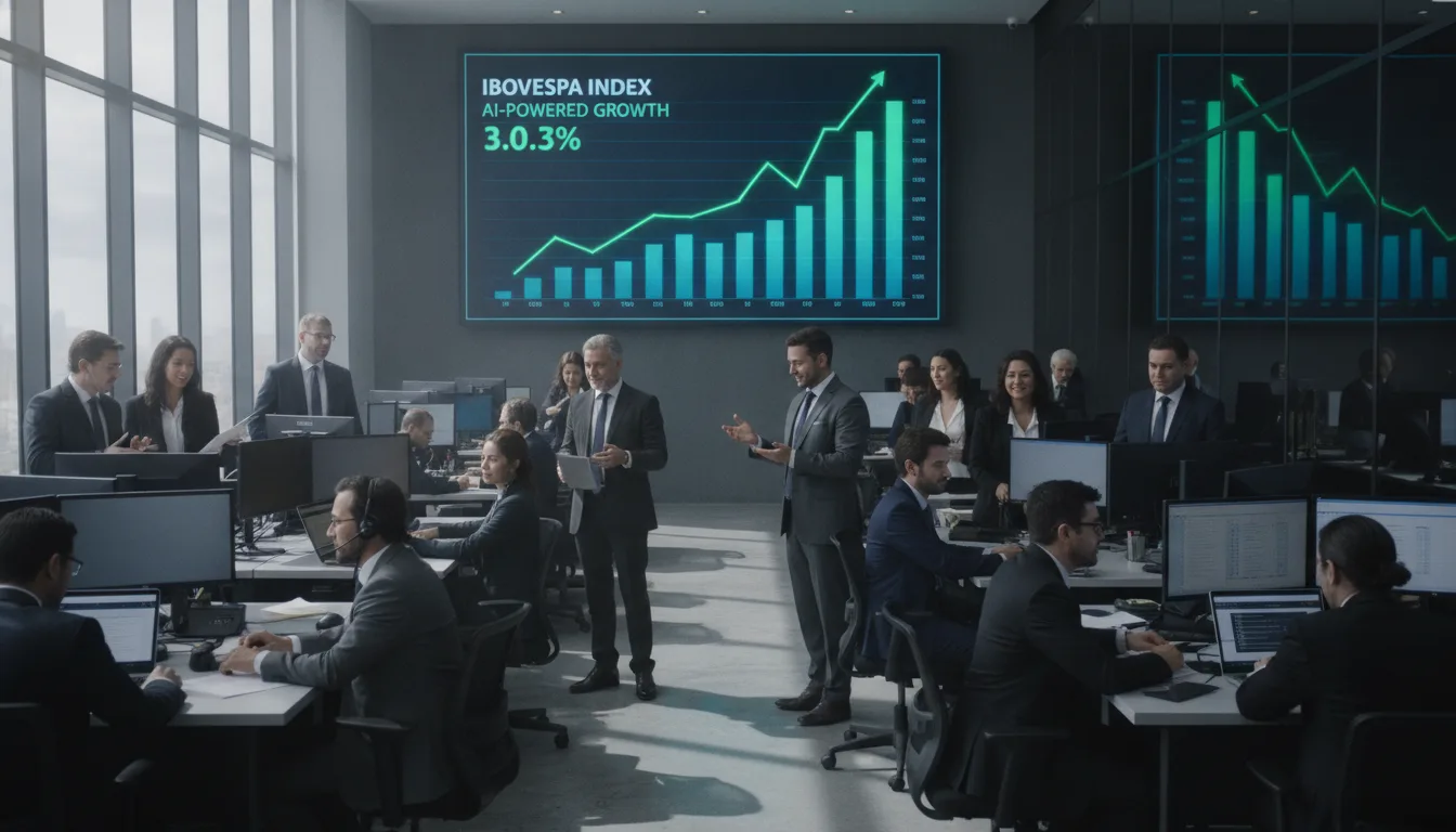 Profissionais em sala de operações com gráfico de alta do Ibovespa no telão. | Imagine Company - Agência de Marketing e Vendas em Goiânia - GO - BRASIL