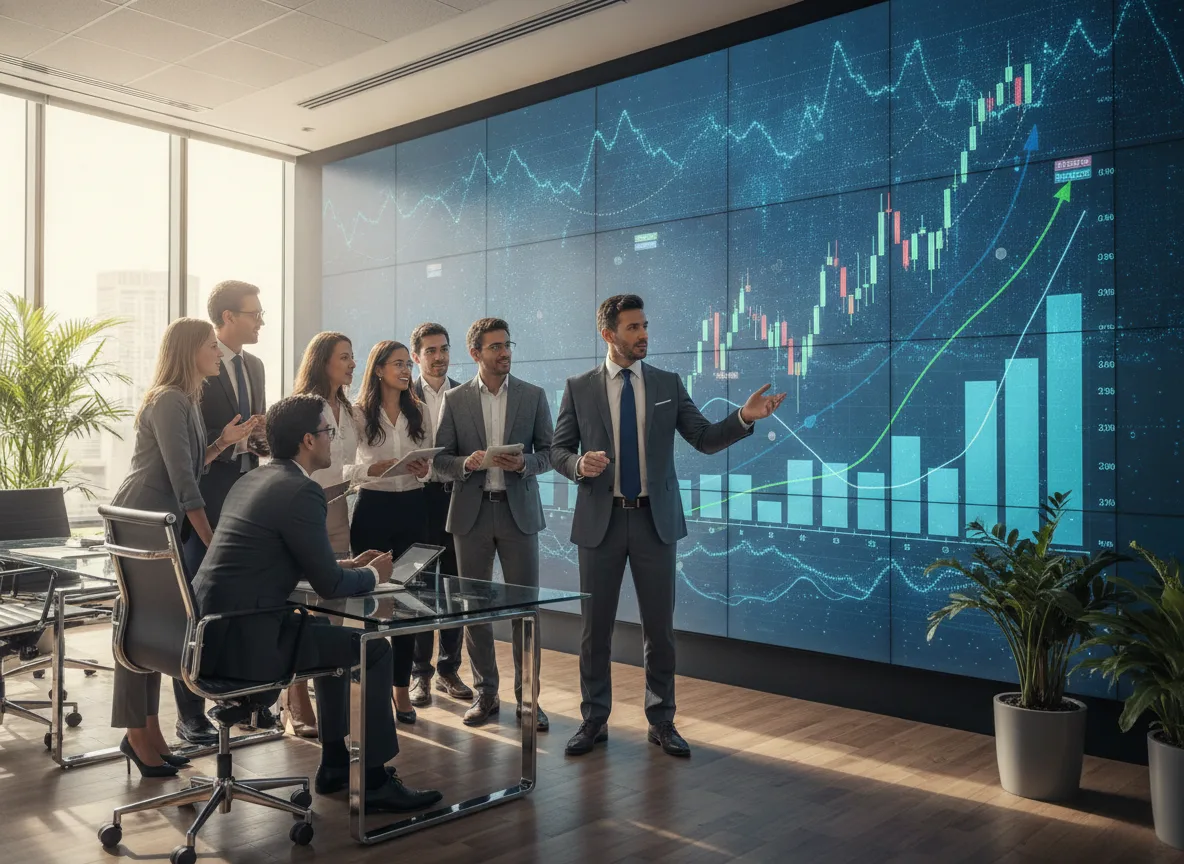 Grupo de pessoas em sala de reunião analisando gráficos financeiros em tela grande. | Imagine Company - Agência de Marketing e Vendas em Goiânia - GO - BRASIL