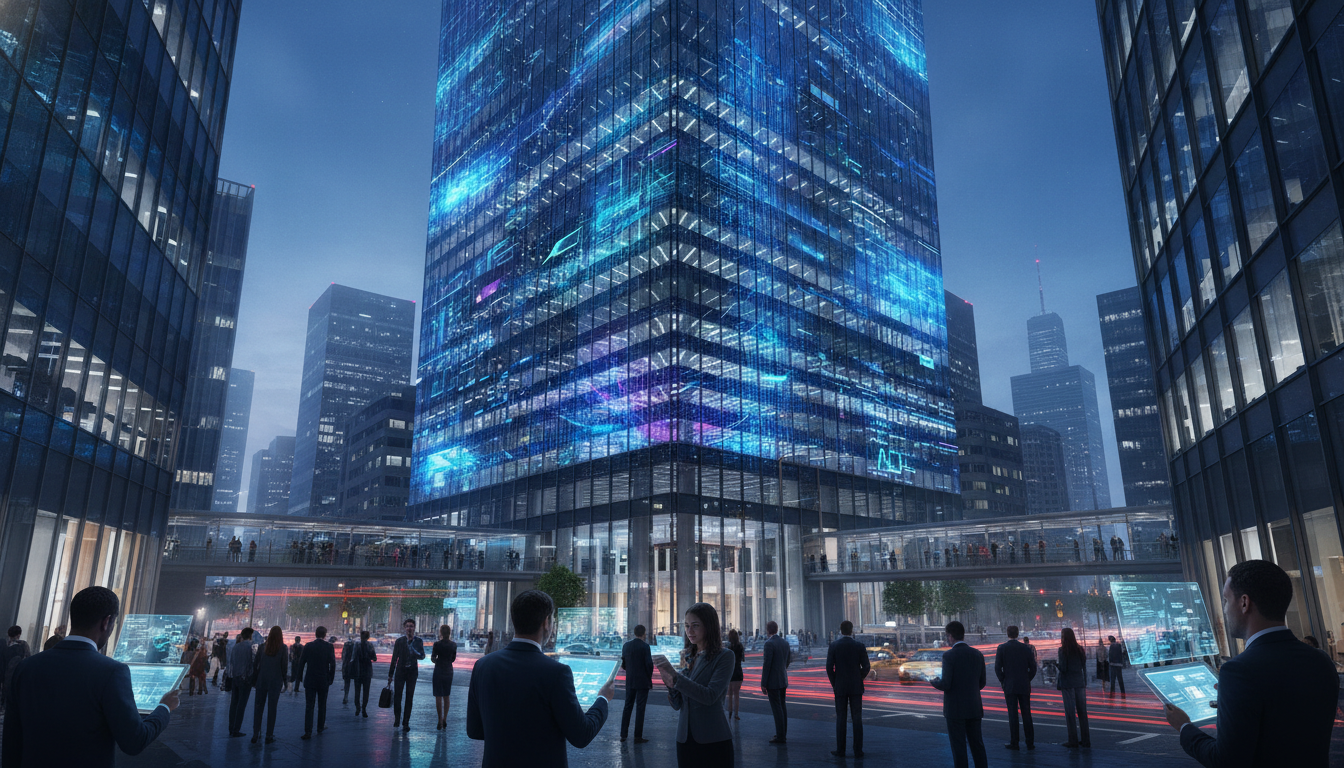 Pessoas em frente a um prédio iluminado por tecnologia de IA à noite | Imagine Company - Agência de Marketing e Vendas em Goiânia - GO - BRASIL