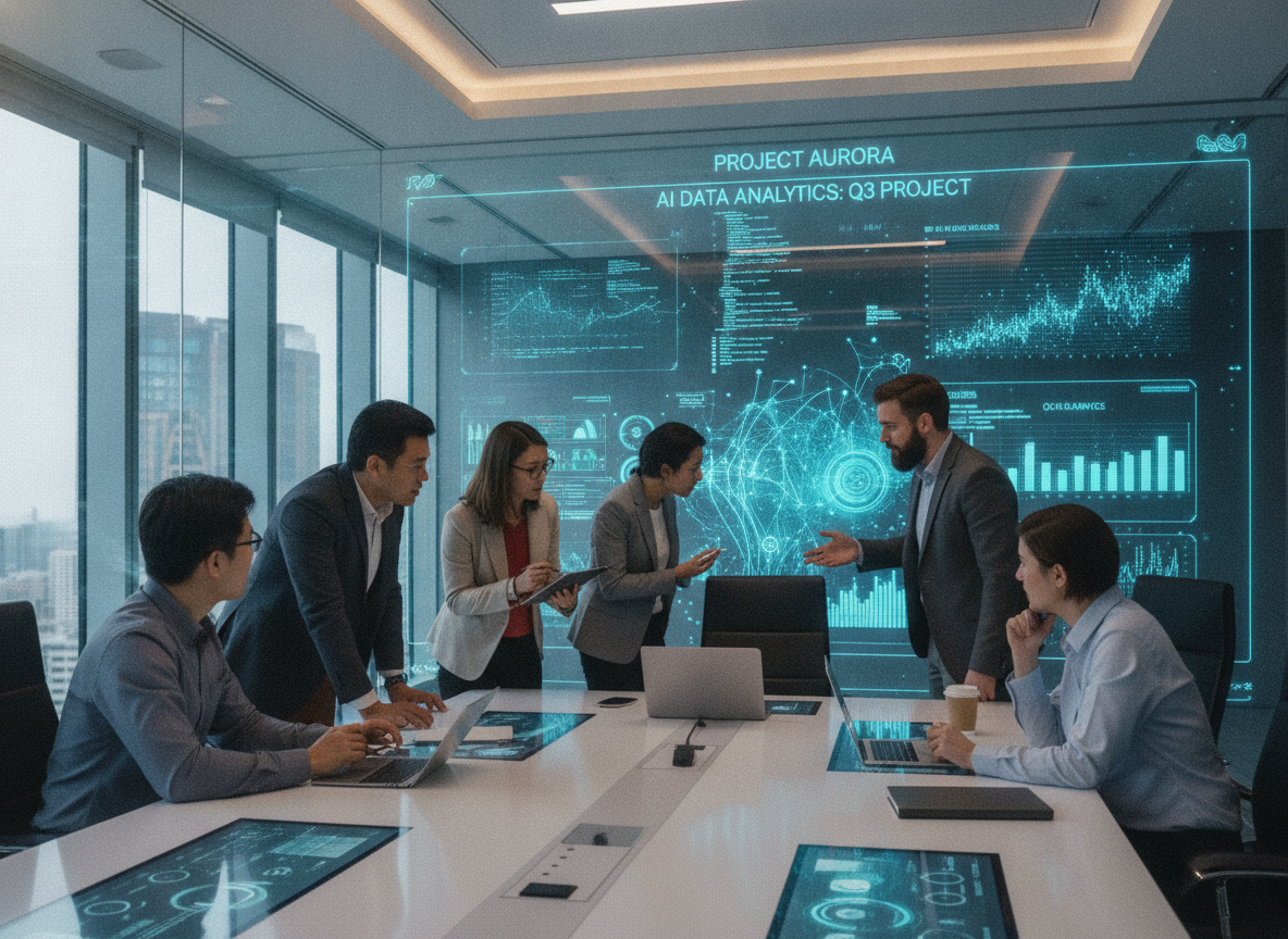 Grupo de pessoas em reunião sobre controle de inteligência artificial com gráficos digitais | Imagine Company - Agência de Marketing e Vendas em Goiânia - GO - BRASIL
