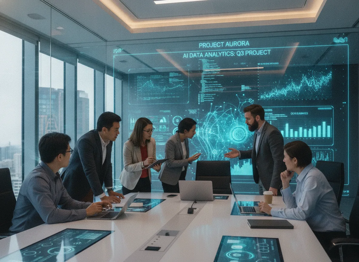 Grupo de pessoas em reunião sobre controle de inteligência artificial com gráficos digitais | Imagine Company - Agência de Marketing e Vendas em Goiânia - GO - BRASIL