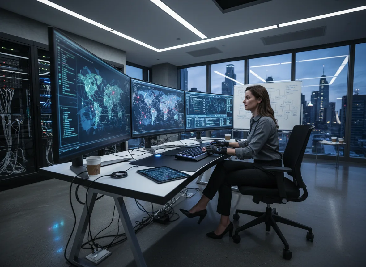 Mulher em escritório moderno analisa mapas digitais em telas grandes | Imagine Company - Agência de Marketing e Vendas em Goiânia - GO - BRASIL