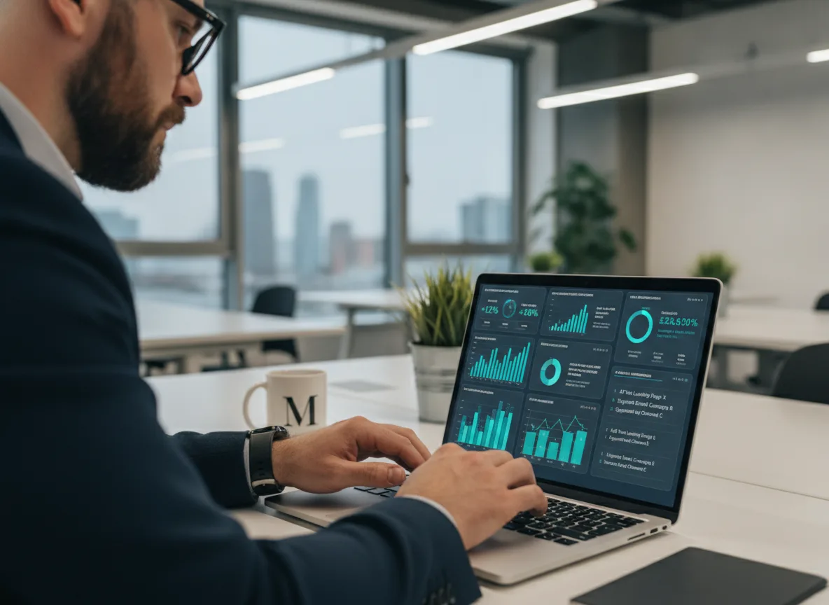Homem usando laptop com gráficos de IA em marketing digital | Imagine Company - Agência de Marketing e Vendas em Goiânia - GO - BRASIL
