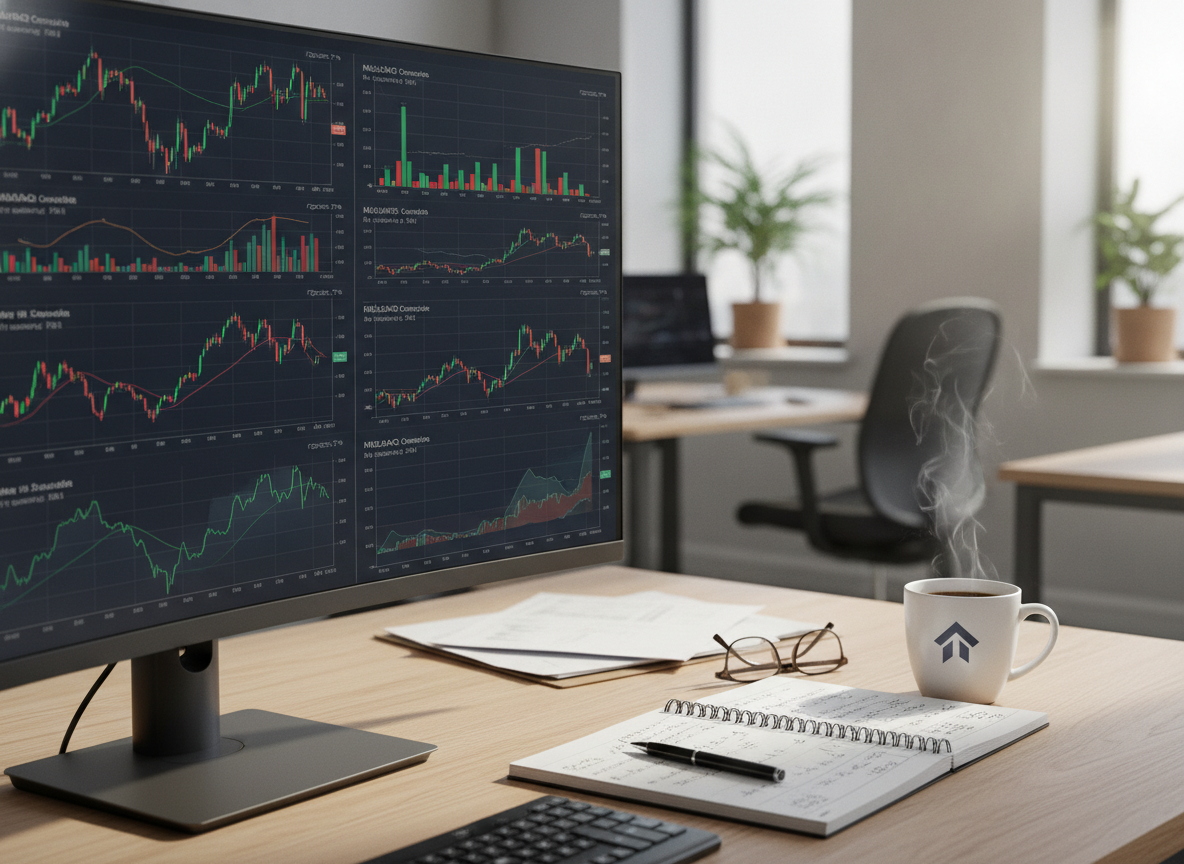 Monitor com gráficos de mercado e mesa de escritório com caderno e caneca | Imagine Company - Agência de Marketing e Vendas em Goiânia - GO - BRASIL