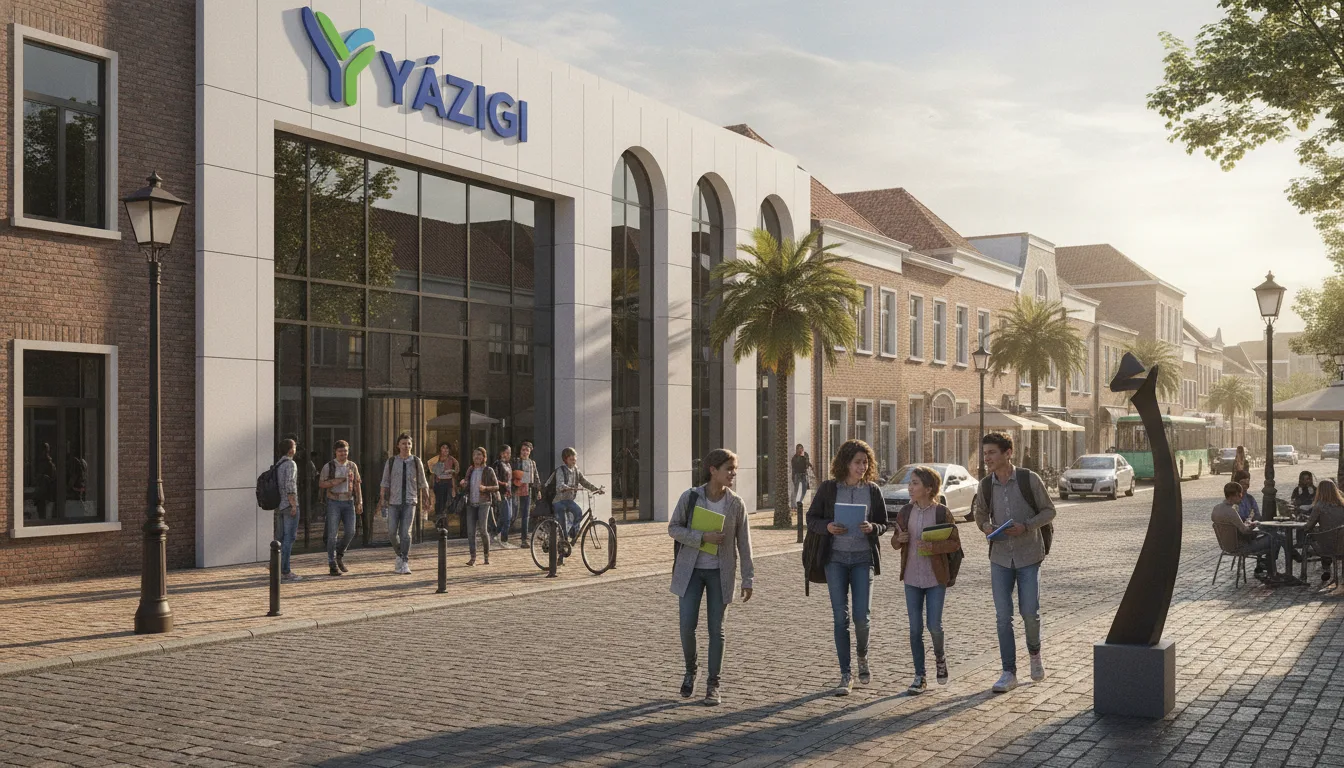 Fachada moderna da nova unidade Yázigi com estudantes ao redor | Imagine Company - Agência de Marketing e Vendas em Goiânia - GO - BRASIL