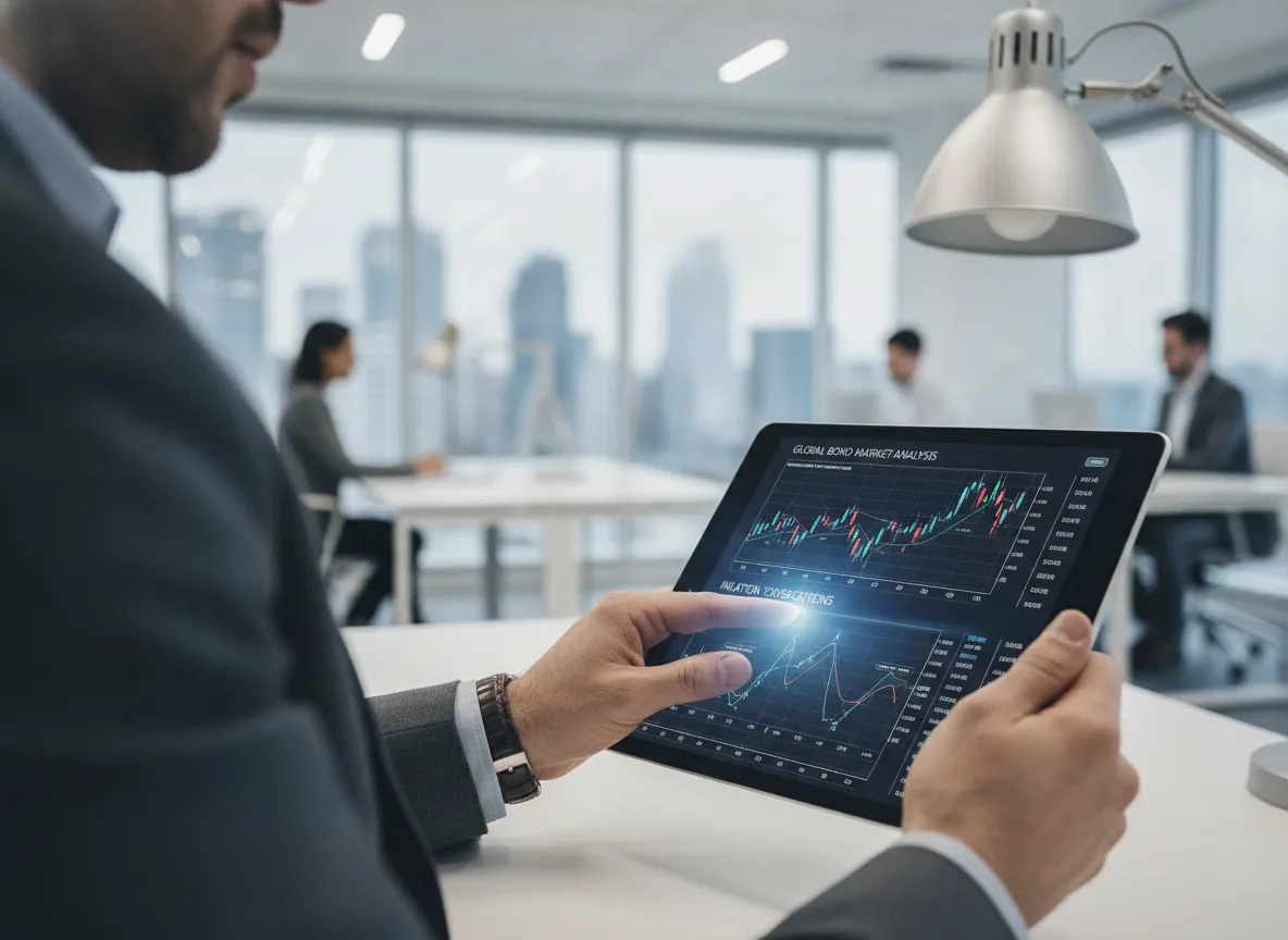 Homem segurando tablet com gráficos de mercado financeiro em escritório | Imagine Company - Agência de Marketing e Vendas em Goiânia - GO - BRASIL