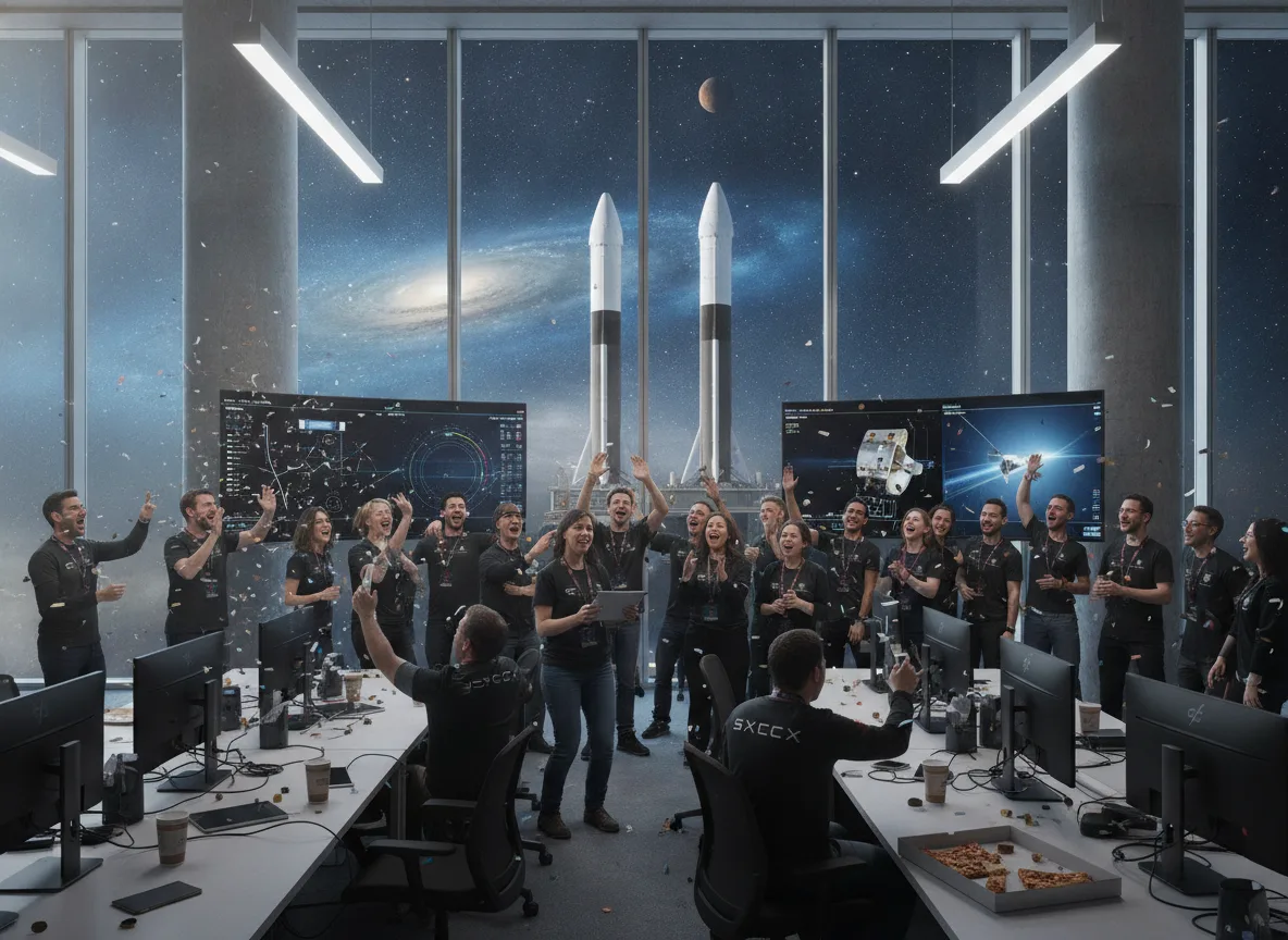 Funcionários da SpaceX celebrando em escritório com foguetes ao fundo | Imagine Company - Agência de Marketing e Vendas em Goiânia - GO - BRASIL