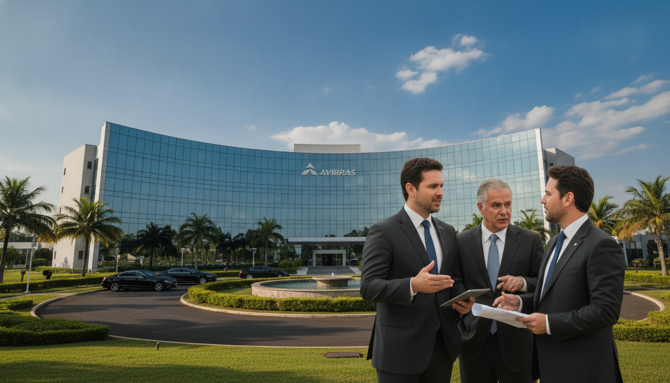 Três homens em frente ao prédio da Avibras discutindo, simbolizando controle empresarial | Imagine Company - Agência de Marketing e Vendas em Goiânia - GO - BRASIL
