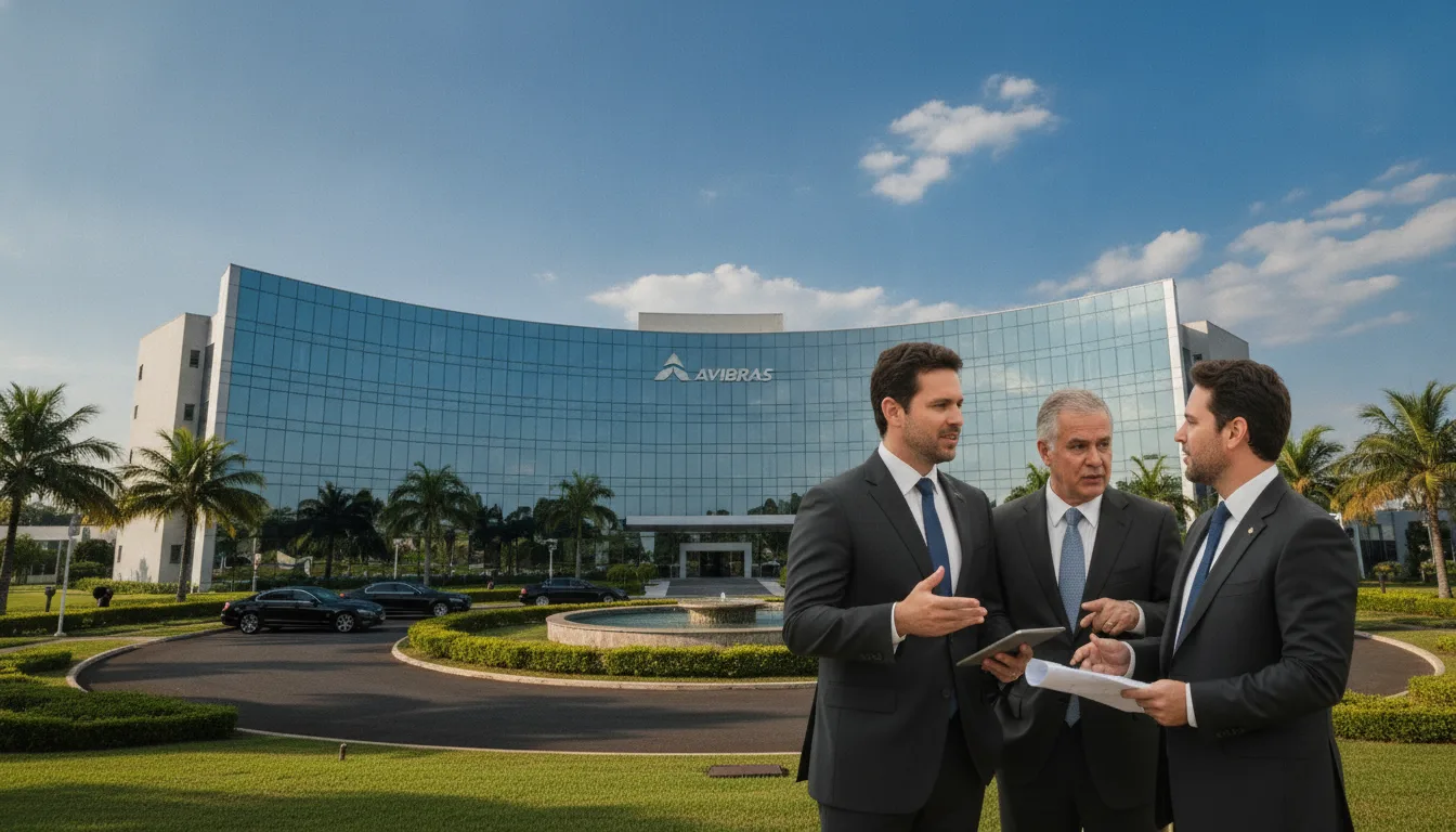 Três homens em frente ao prédio da Avibras discutindo, simbolizando controle empresarial | Imagine Company - Agência de Marketing e Vendas em Goiânia - GO - BRASIL