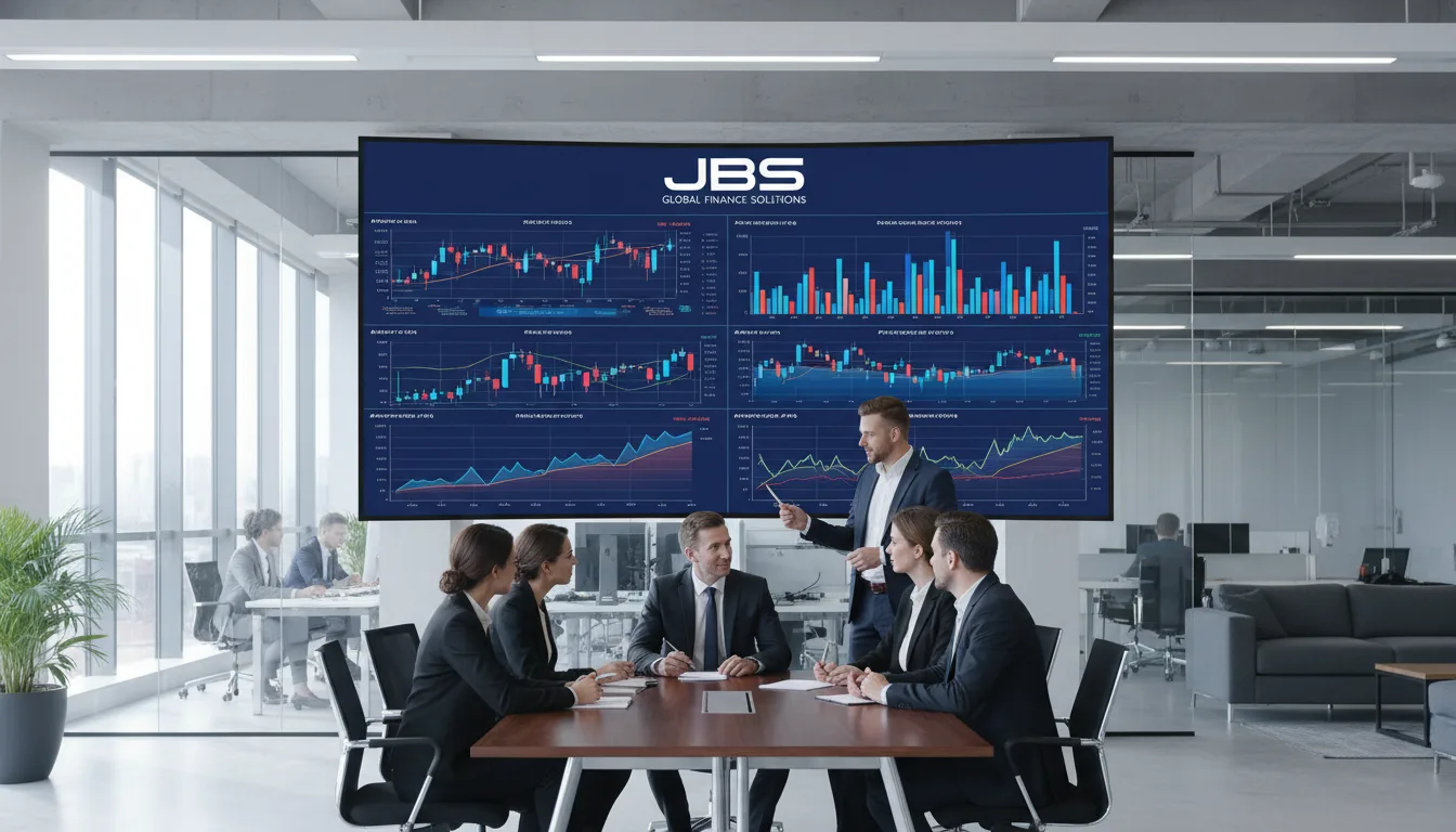 Reunião de executivos da JBS analisando gráficos financeiros em tela grande | Imagine Company - Agência de Marketing e Vendas em Goiânia - GO - BRASIL