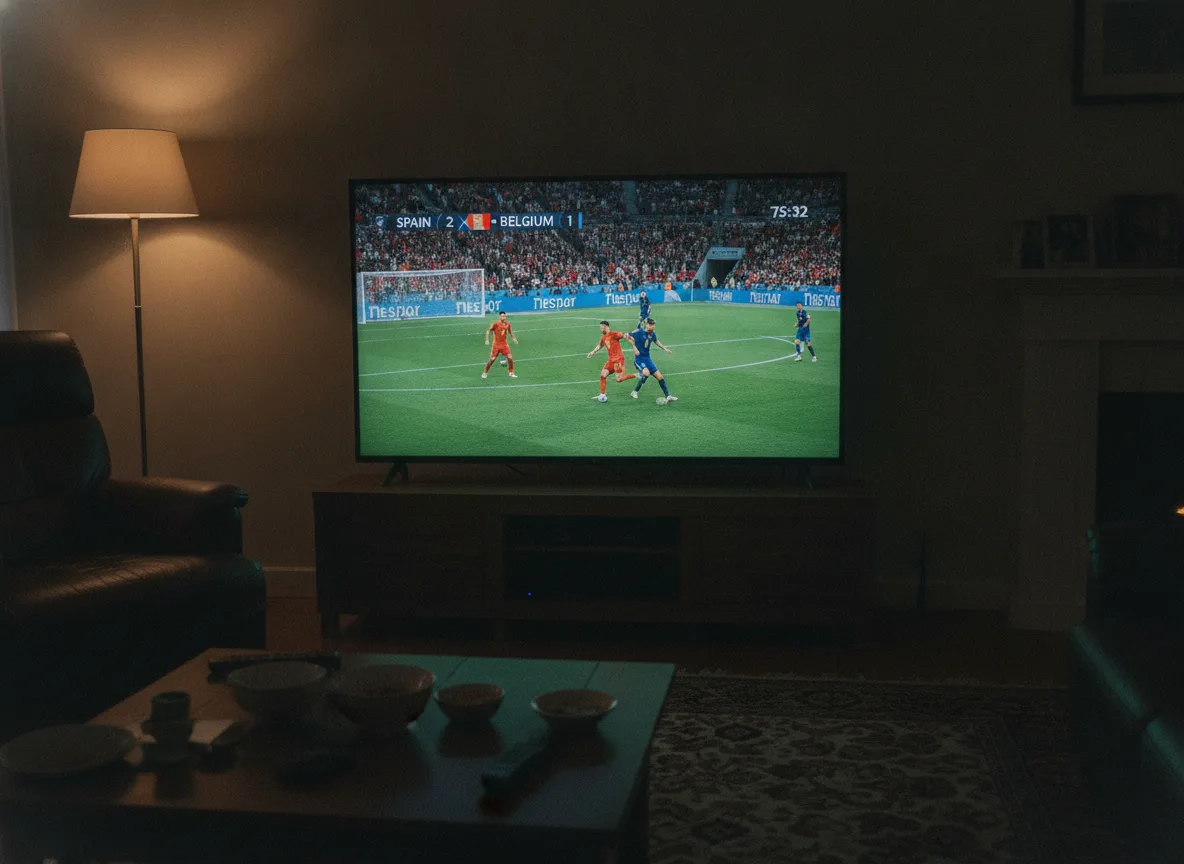 Televisão mostrando jogo de futebol Espanha vs Bélgica na sala | Imagine Company - Agência de Marketing e Vendas em Goiânia - GO - BRASIL