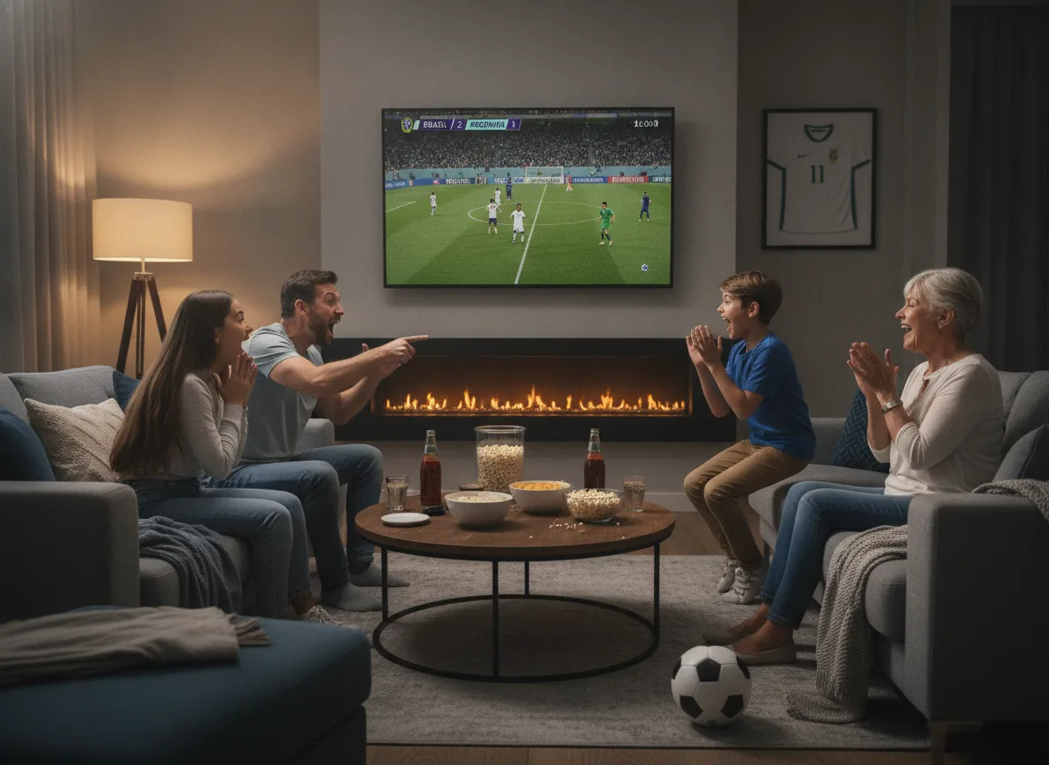 Família assistindo jogo de futebol na TV, Copa do Mundo | Imagine Company - Agência de Marketing e Vendas em Goiânia - GO - BRASIL