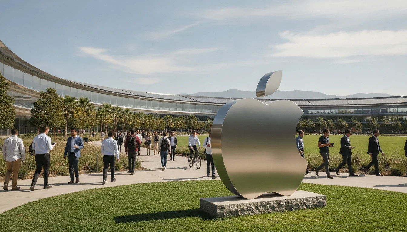 Funcionários caminham no campus da Apple com logotipo em destaque | Imagine Company - Agência de Marketing e Vendas em Goiânia - GO - BRASIL