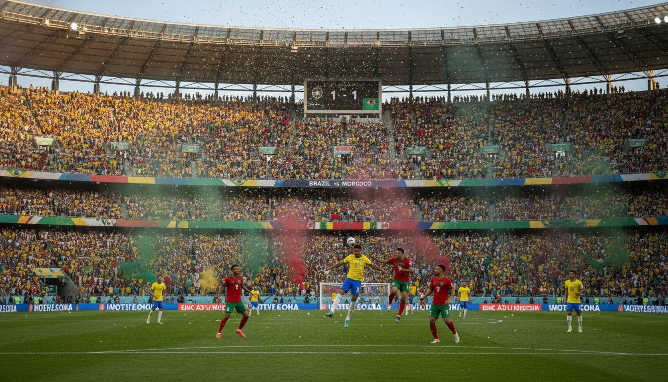 Jogo de futebol entre Brasil e Marrocos com jogadores disputando a bola no ar. | Imagine Company - Agência de Marketing e Vendas em Goiânia - GO - BRASIL