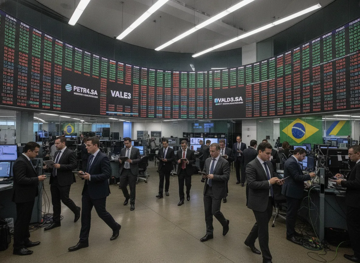Corretoras movimentadas na B3 com telas de cotações e bandeiras do Brasil | Imagine Company - Agência de Marketing e Vendas em Goiânia - GO - BRASIL