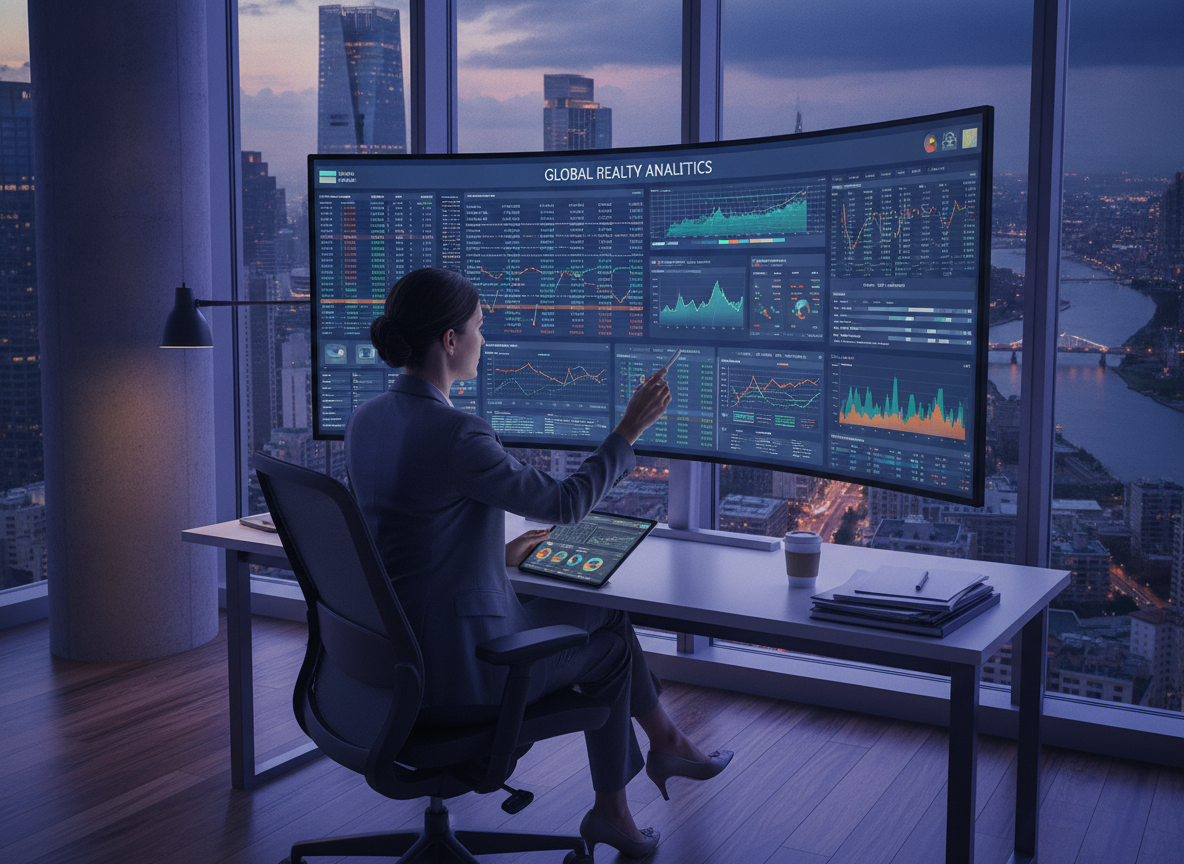 Pessoa analisando gráficos financeiros em telas grandes em um escritório moderno | Imagine Company - Agência de Marketing e Vendas em Goiânia - GO - BRASIL